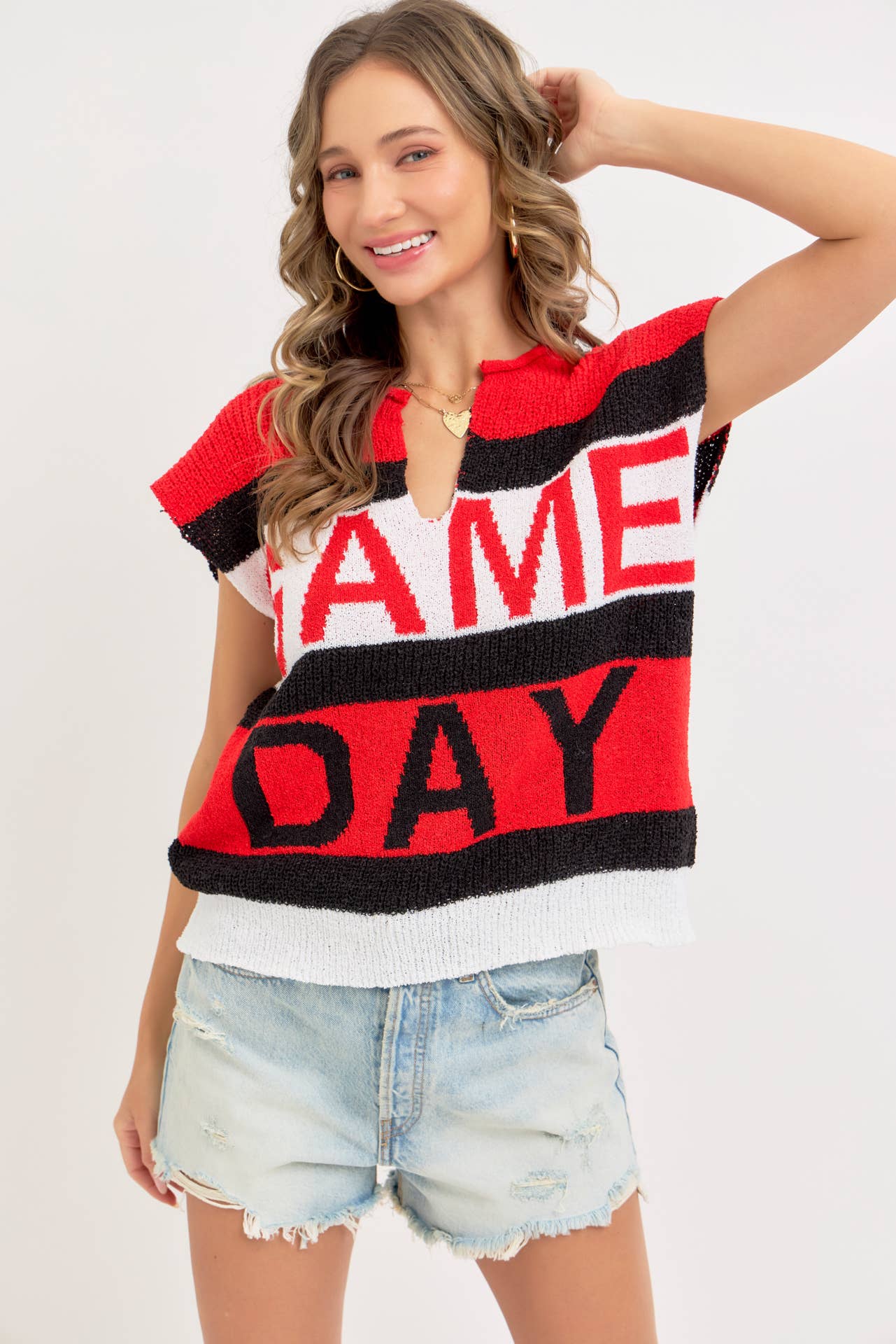 GAME DAY RED & BLACK SWEATER KNIT TOP