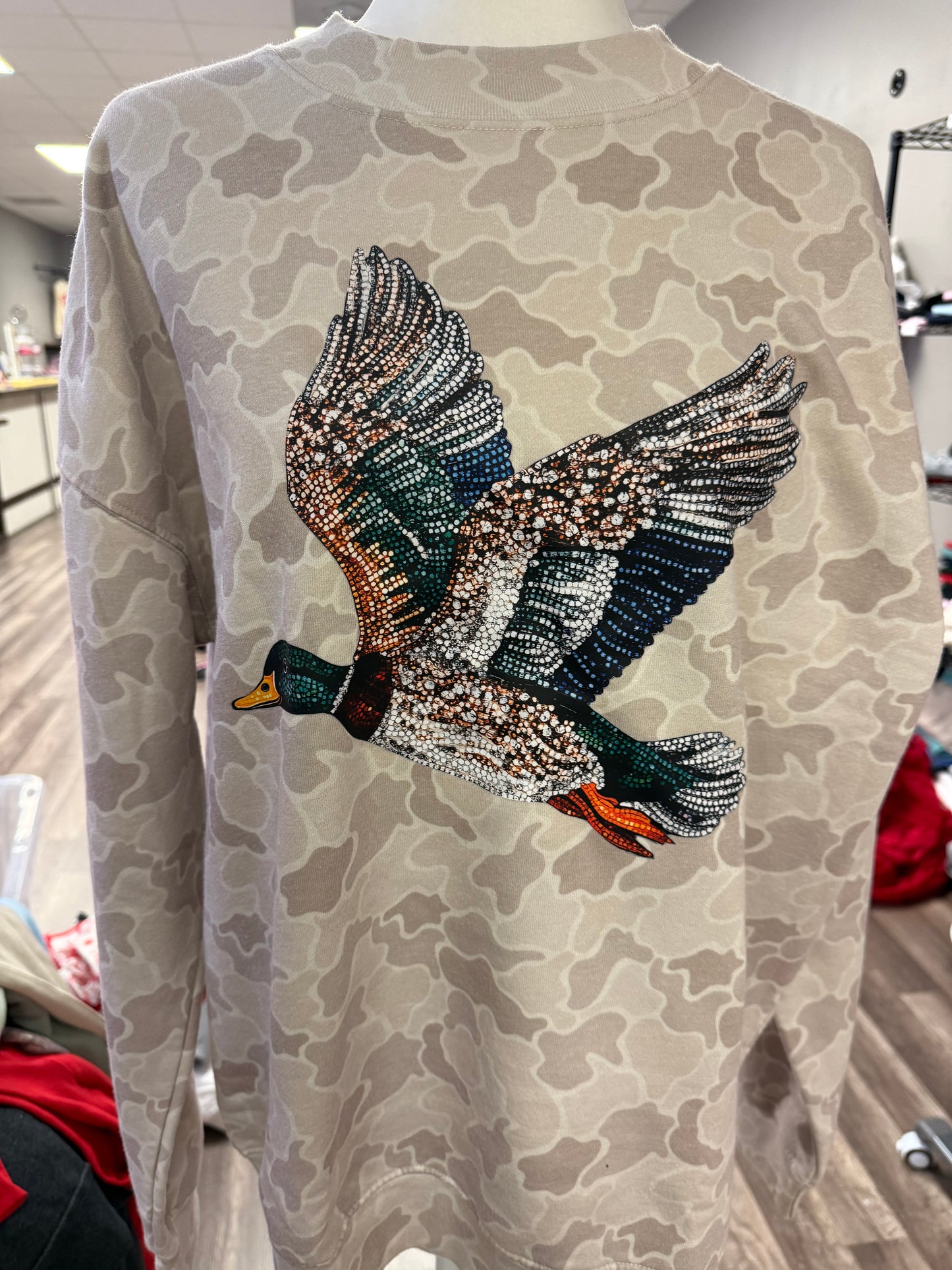 Faux Rhinestone Flying Mallard on duck camo sweatshirt