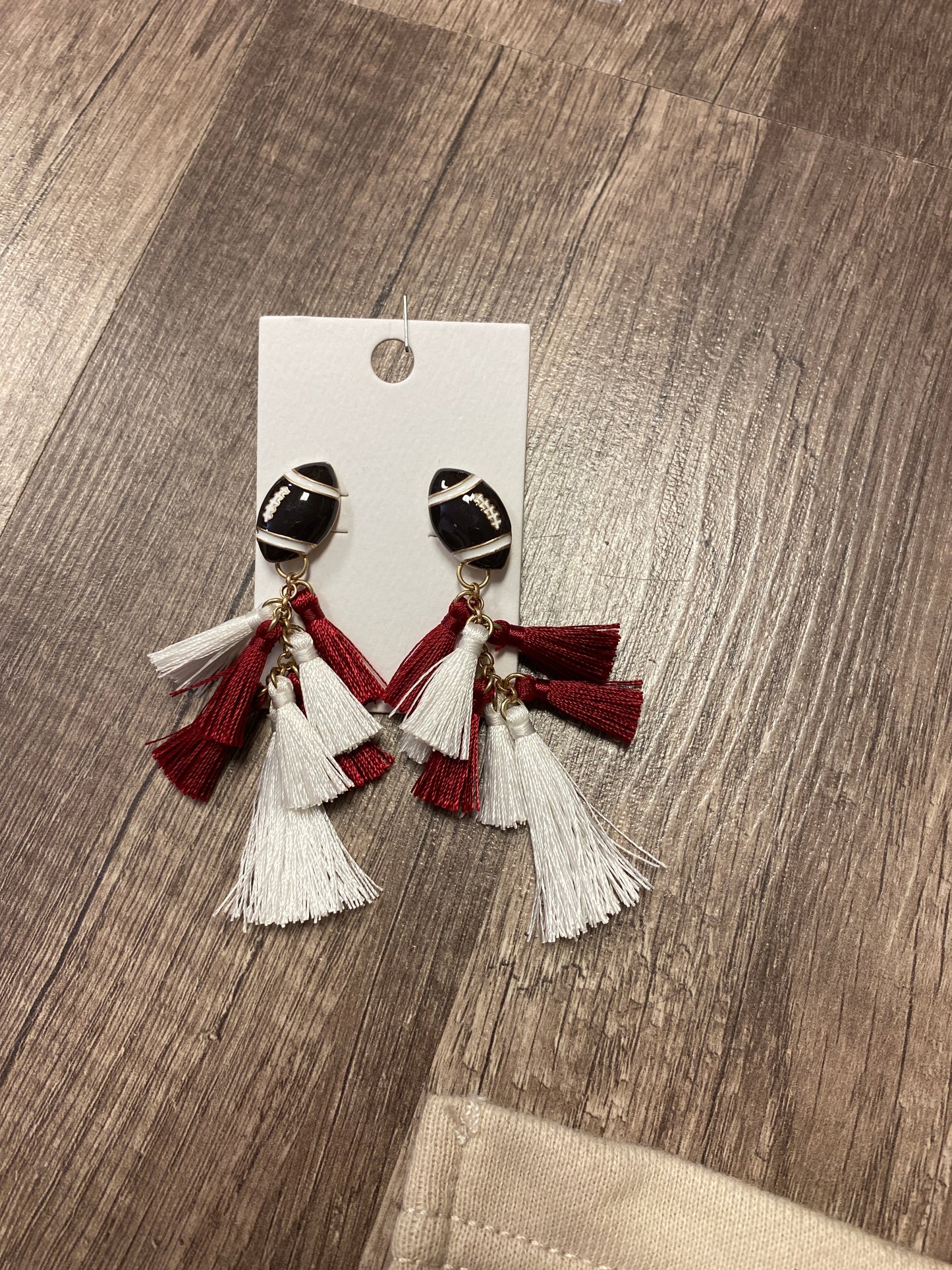 Crimson and White Football Tassel Earring