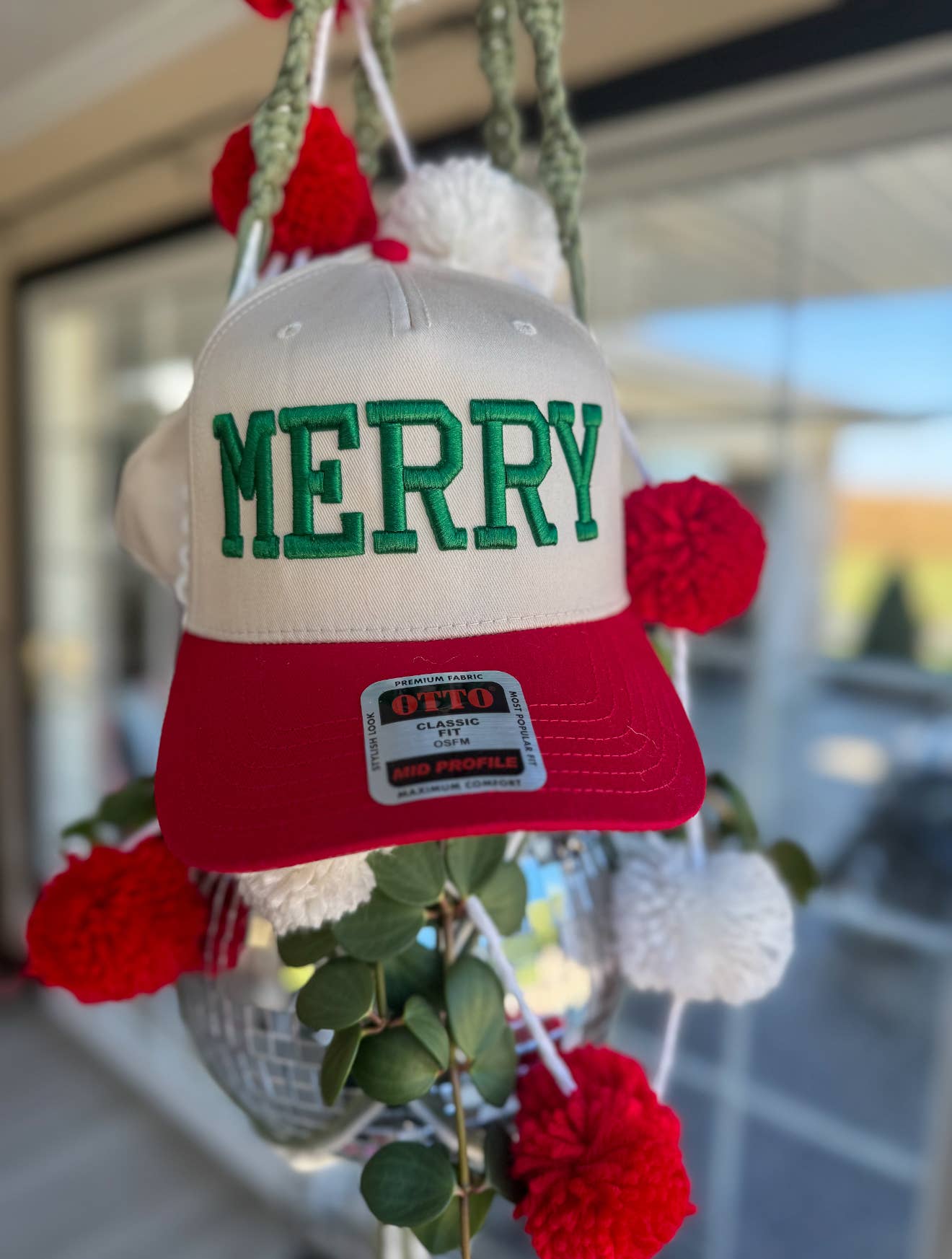 Merry Christmas Embroidered 3D Trucker Hat: Red Bill w Green Thread