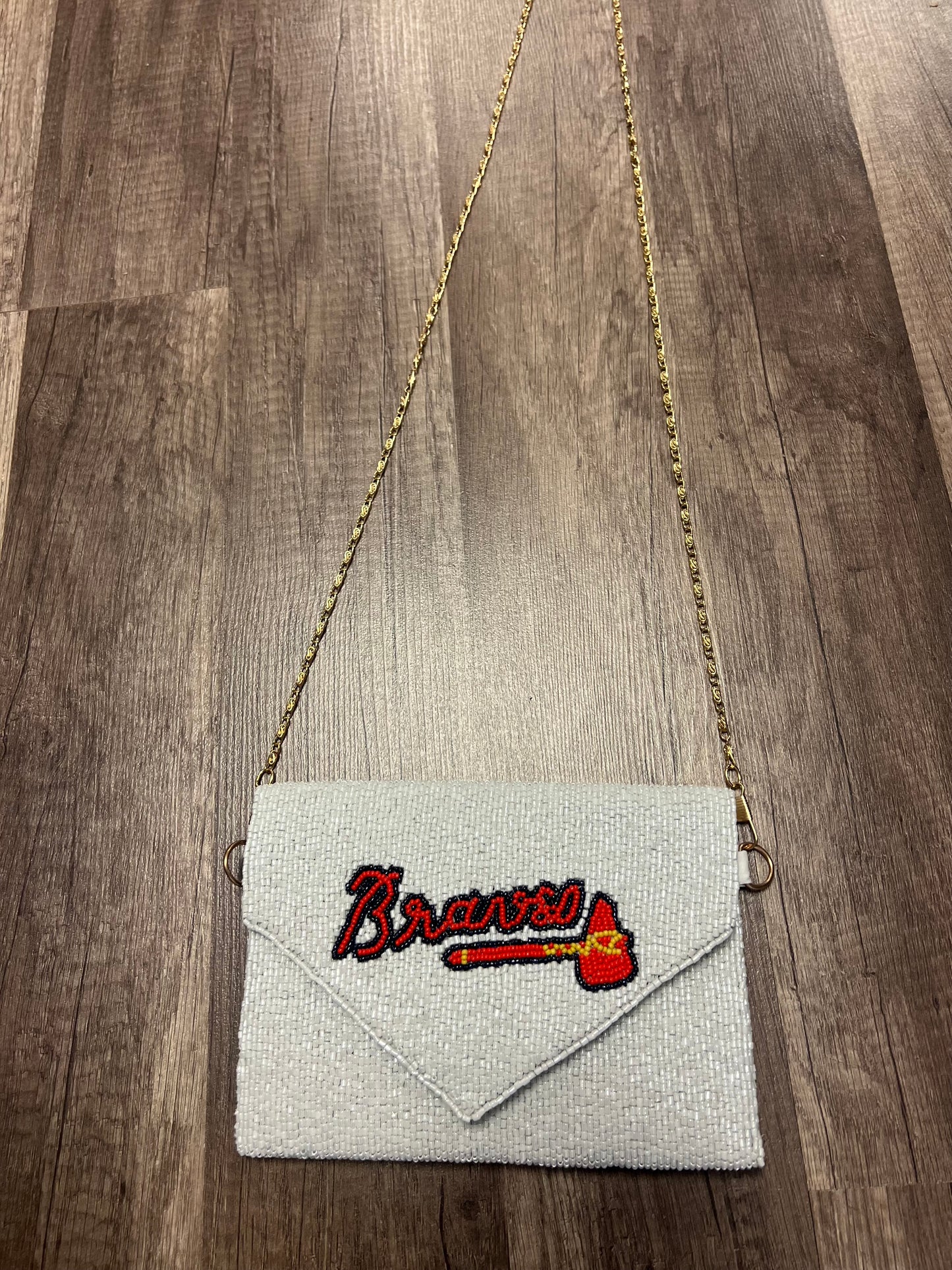 Braves Baseball White Beaded Clutch With Gold Chain Strap