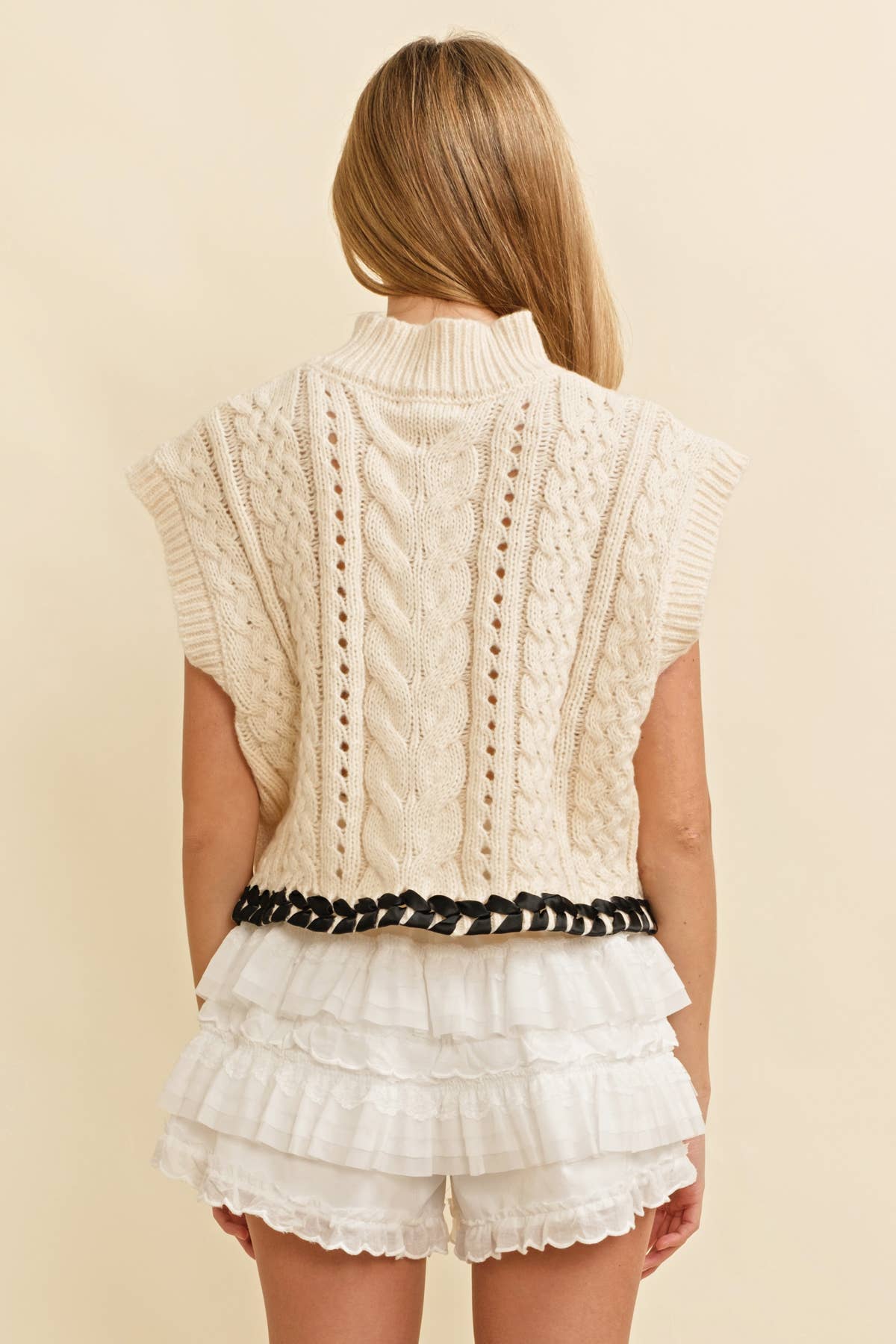 CABLE KNIT DROP SHOULDER CONTRAST STITCH SWEATER: Cream