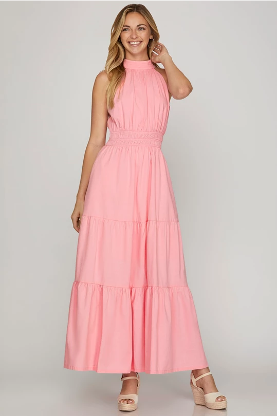 PINK HALTER WOVEN PINTUCK TIERED MAXI DRESS WITH ELASTIC WAIST BAND AND POCKETS