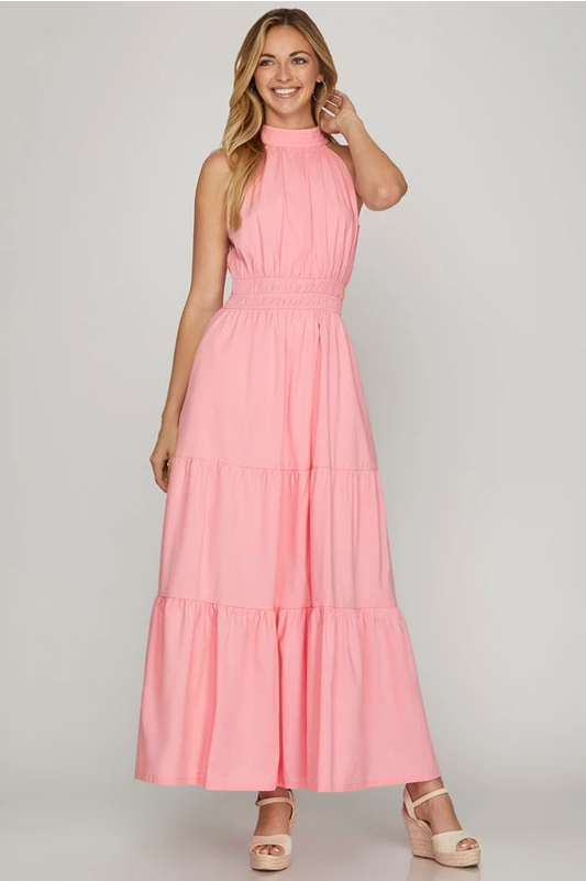 PINK HALTER WOVEN PINTUCK TIERED MAXI DRESS WITH ELASTIC WAIST BAND AND POCKETS