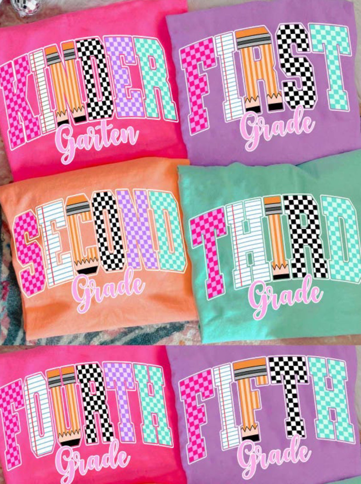 Grade level adult, varsity checkered colorful tee