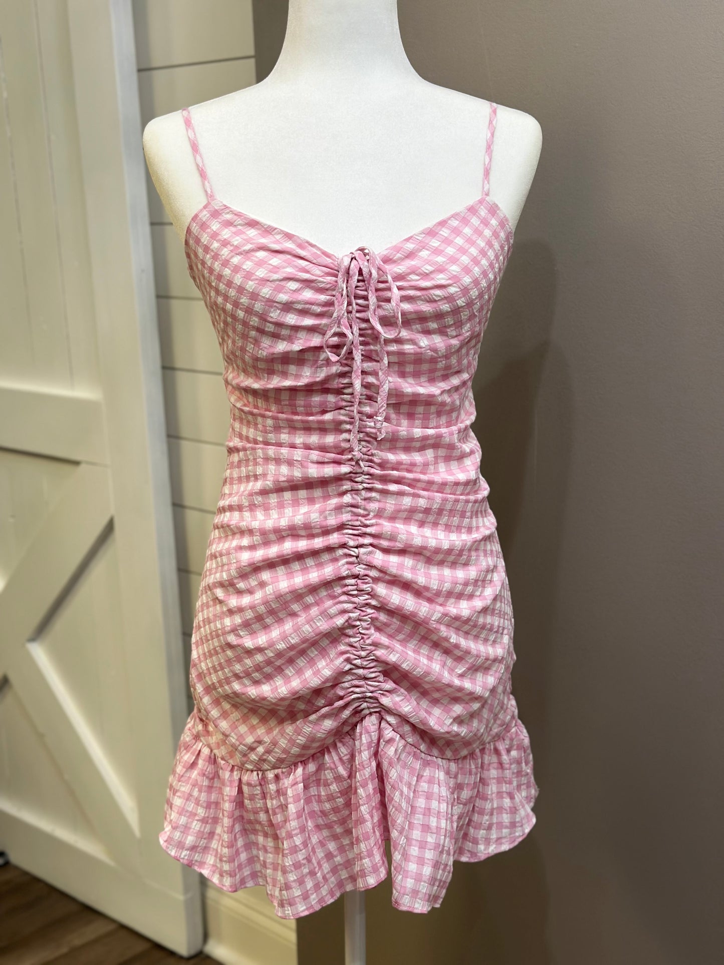 Briar Gingham Plaid Drawstring Mini Dress-PINK