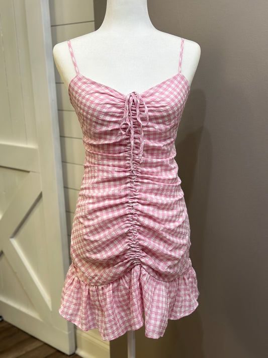 Briar Gingham Plaid Drawstring Mini Dress-PINK