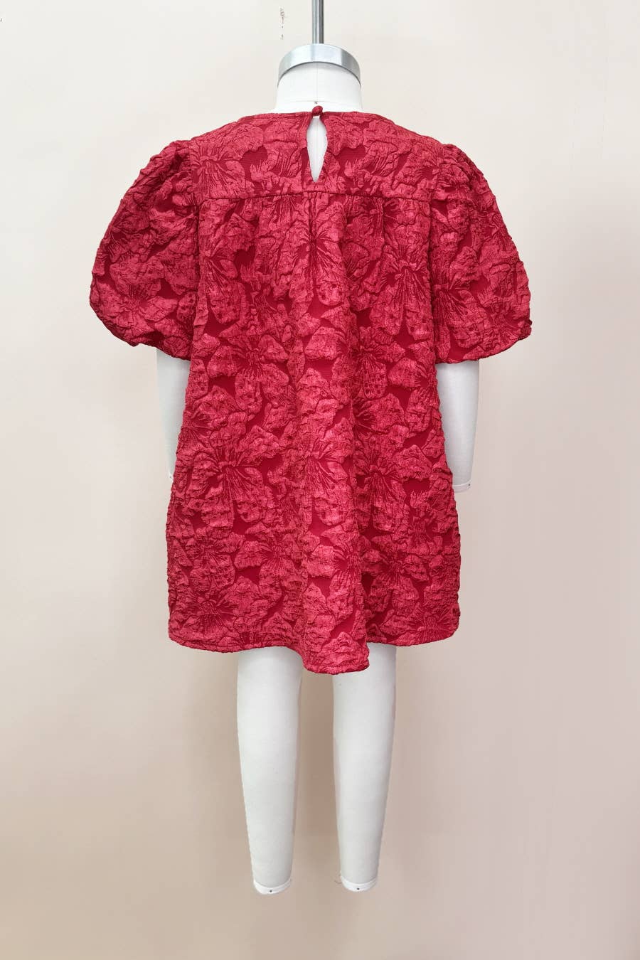 Kids Floral Jacquard Balloon Sleeve Dress: Red