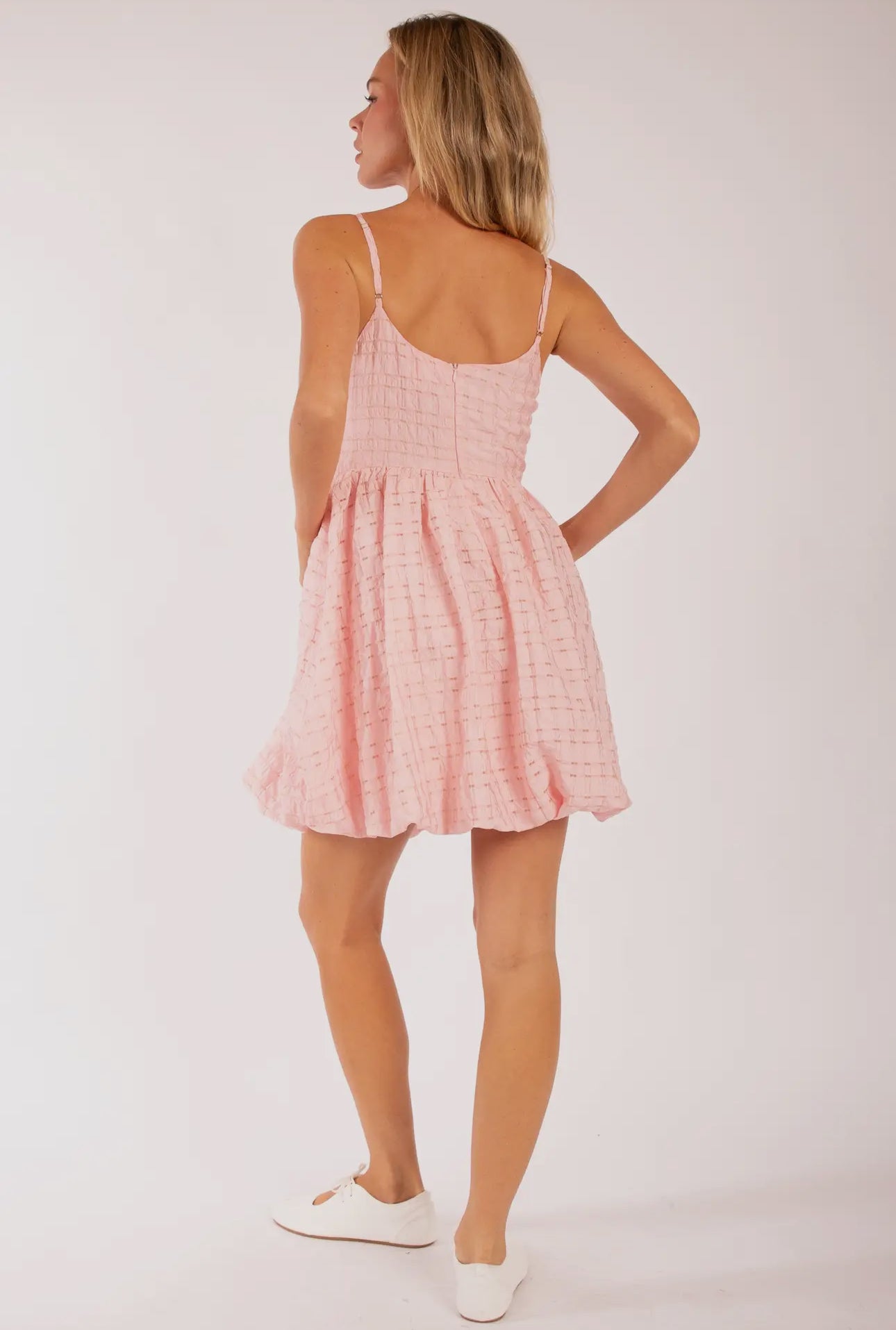 Spaghetti Strap Bow Detail Mini Dress- Pink