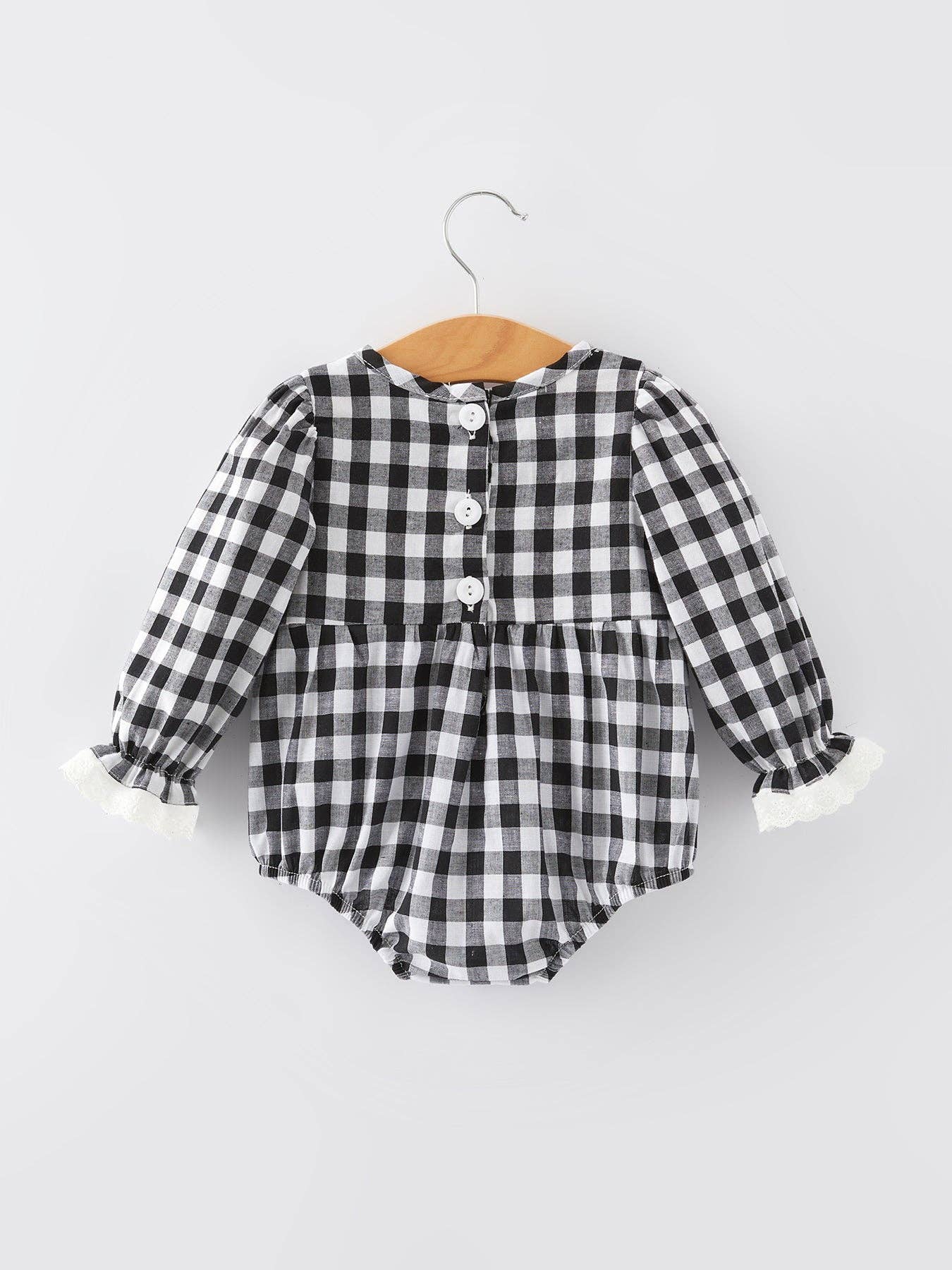 Black and white Plaid heart and bows Smocking Embroidery Long Sleeve Girls Romper