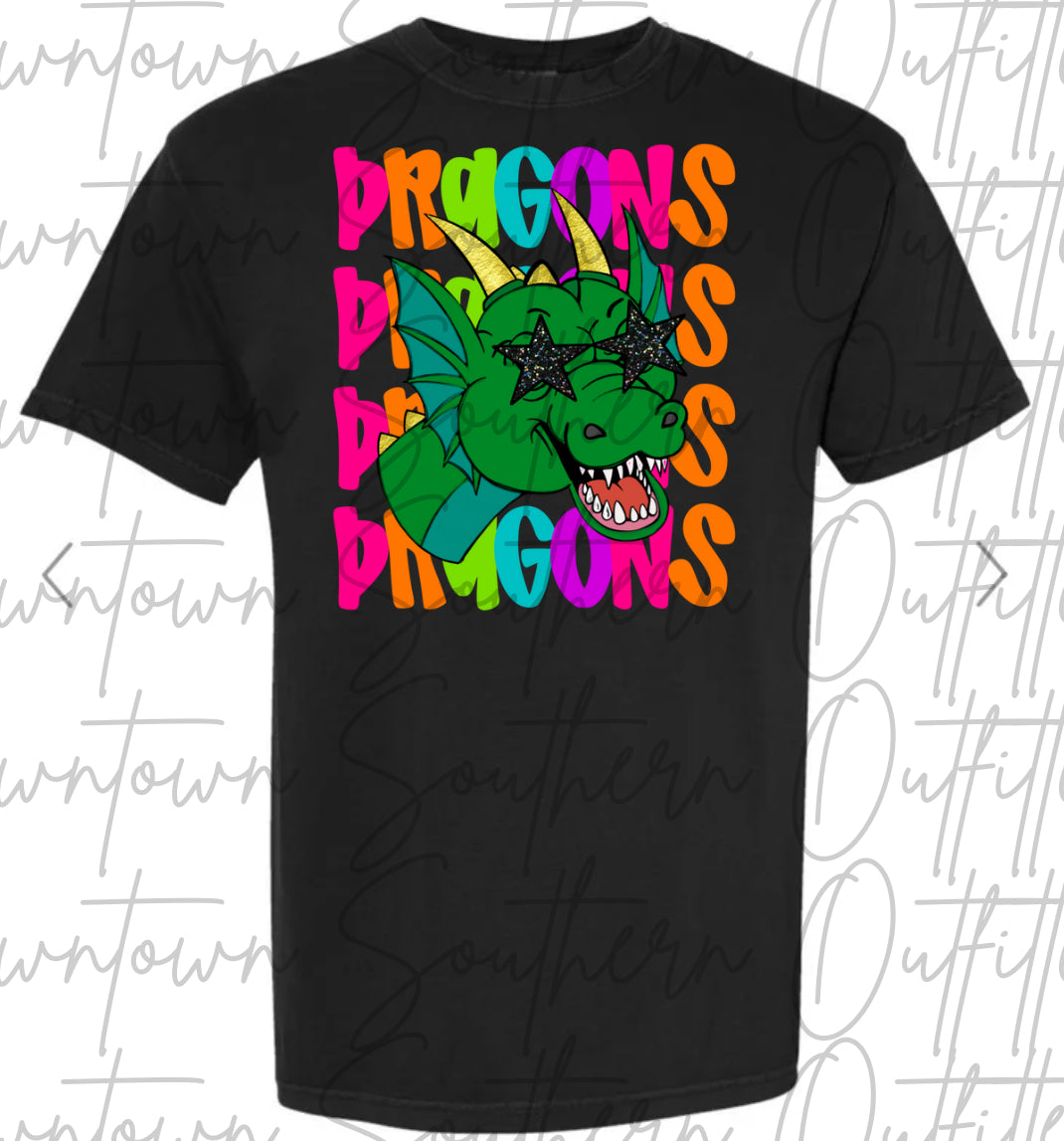 Dragons Multi Color Neon Stacked Black Tee