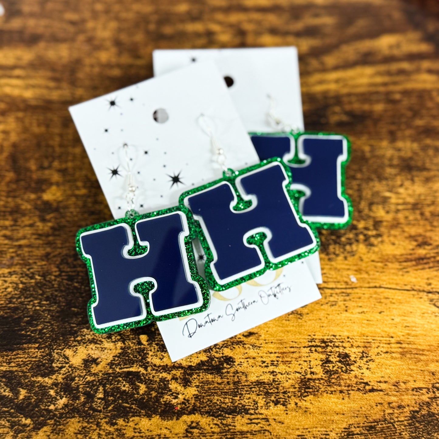 Harrison Hoyas Green and Blue Glitter “H” Dangles