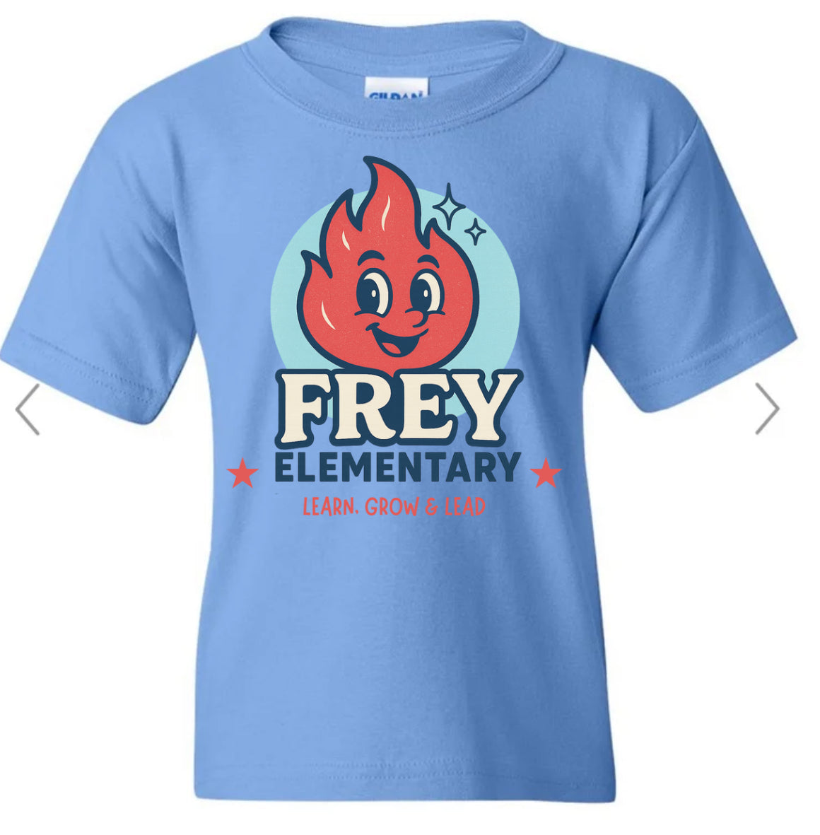 Frey Elementary, Learn Grow Lead with flame in circle on Carolina blue