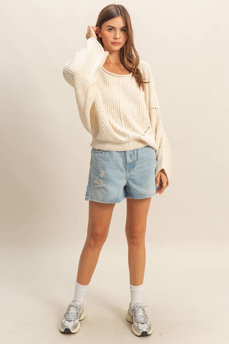 Ribbed Drop Sleeve Sweater: CREAM