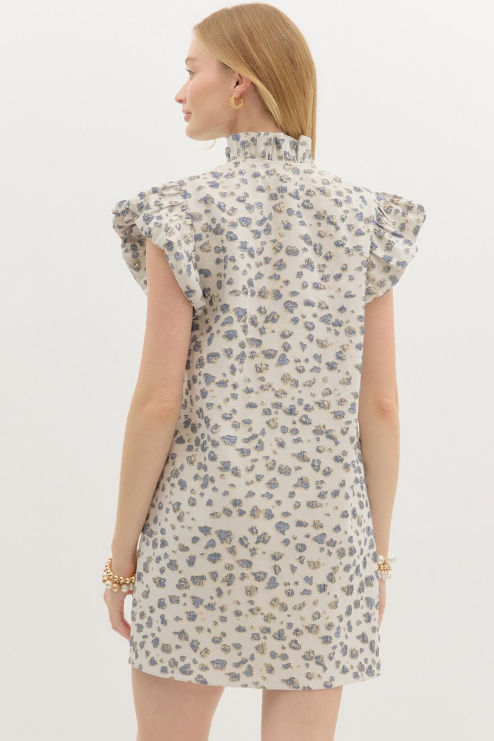 Navy Metallic accented abstract textured pattern mini dress featuring bubble flutter sleeve
