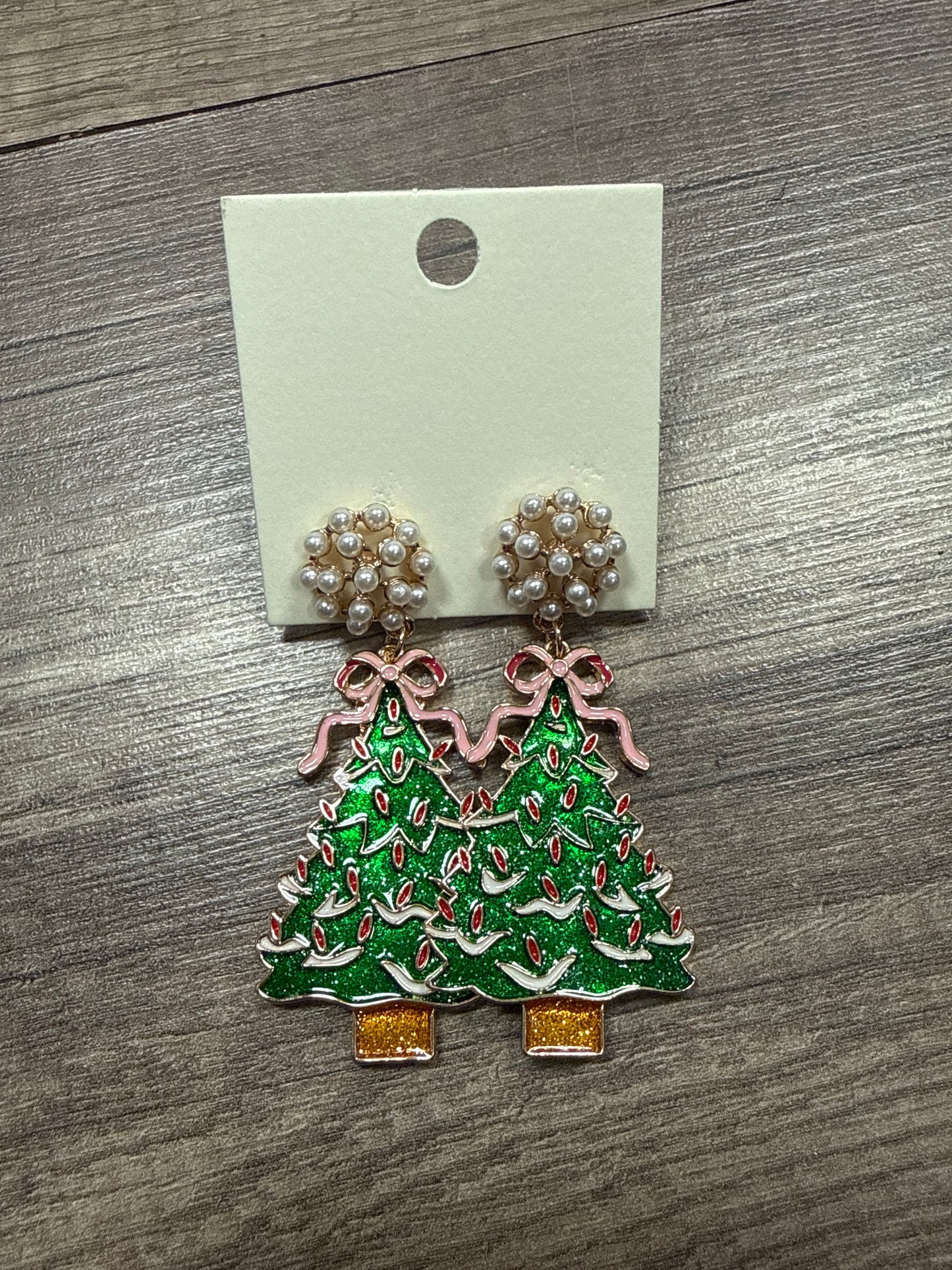 Christmas Tree with Pink Bow Topper dangle earrings