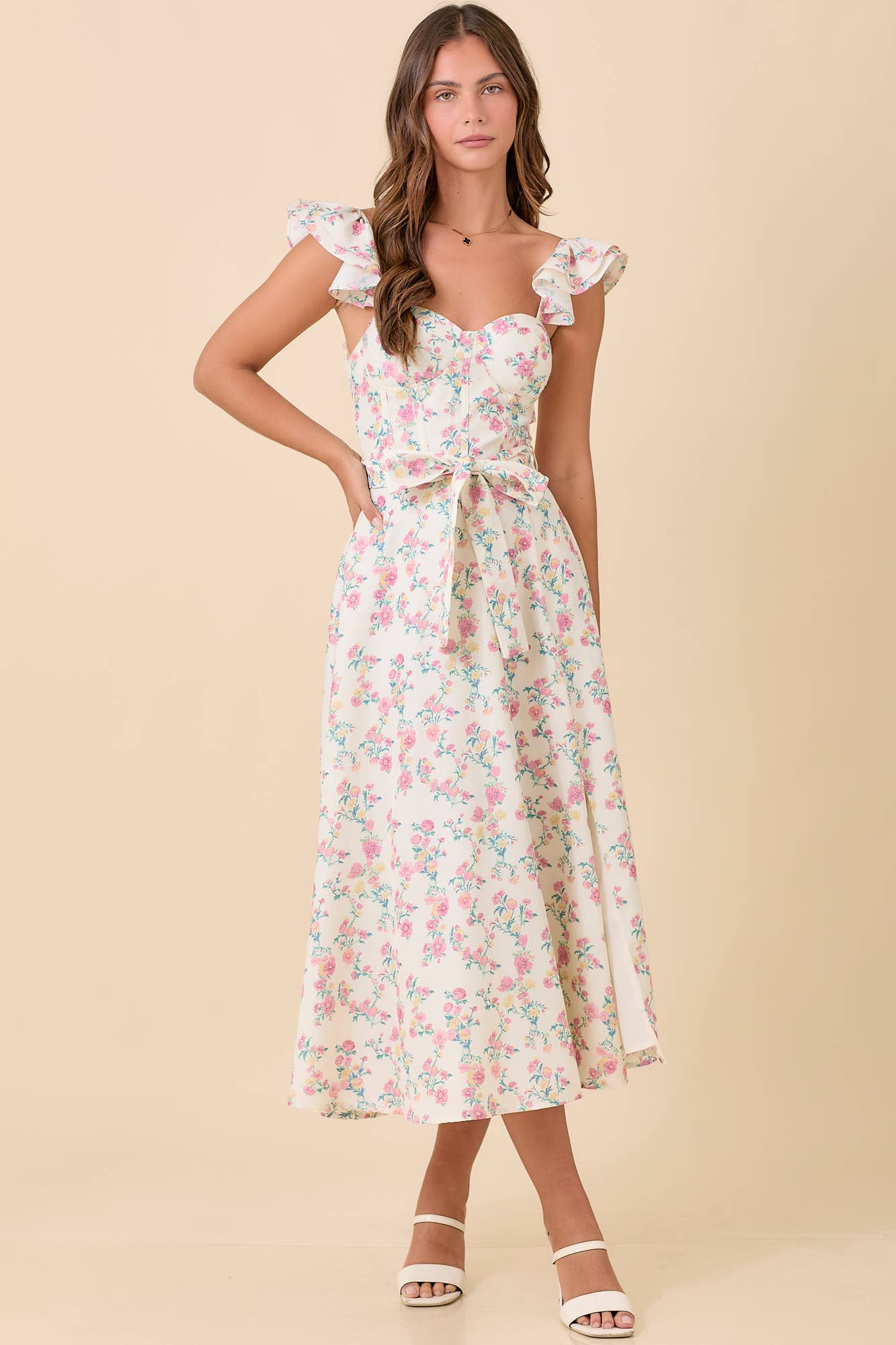 Floral Printed Ruffle Sleeve Midi Dress: IVORY MULTI