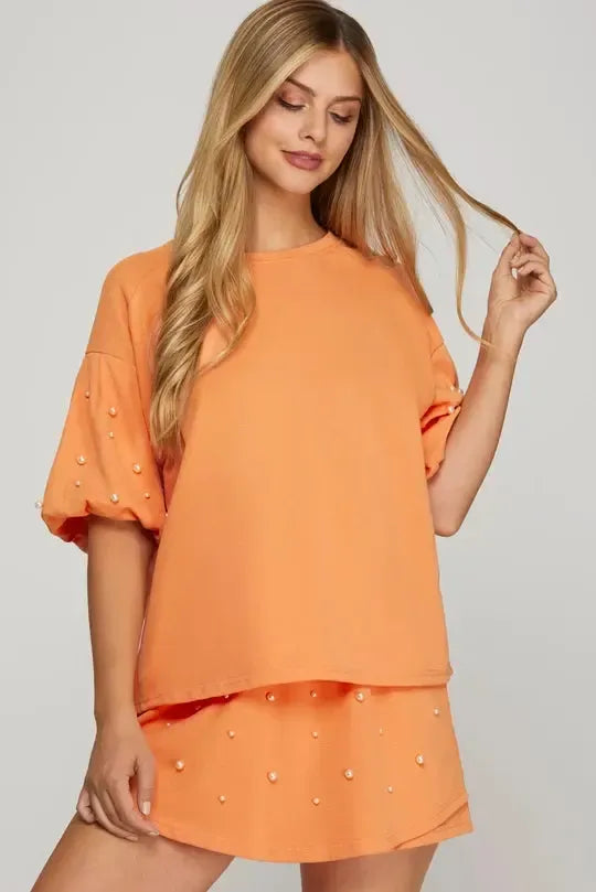 PEARL HEAVY KNIT SHORT WITH ELASTIC WAIST BAND - CREAMSICLE