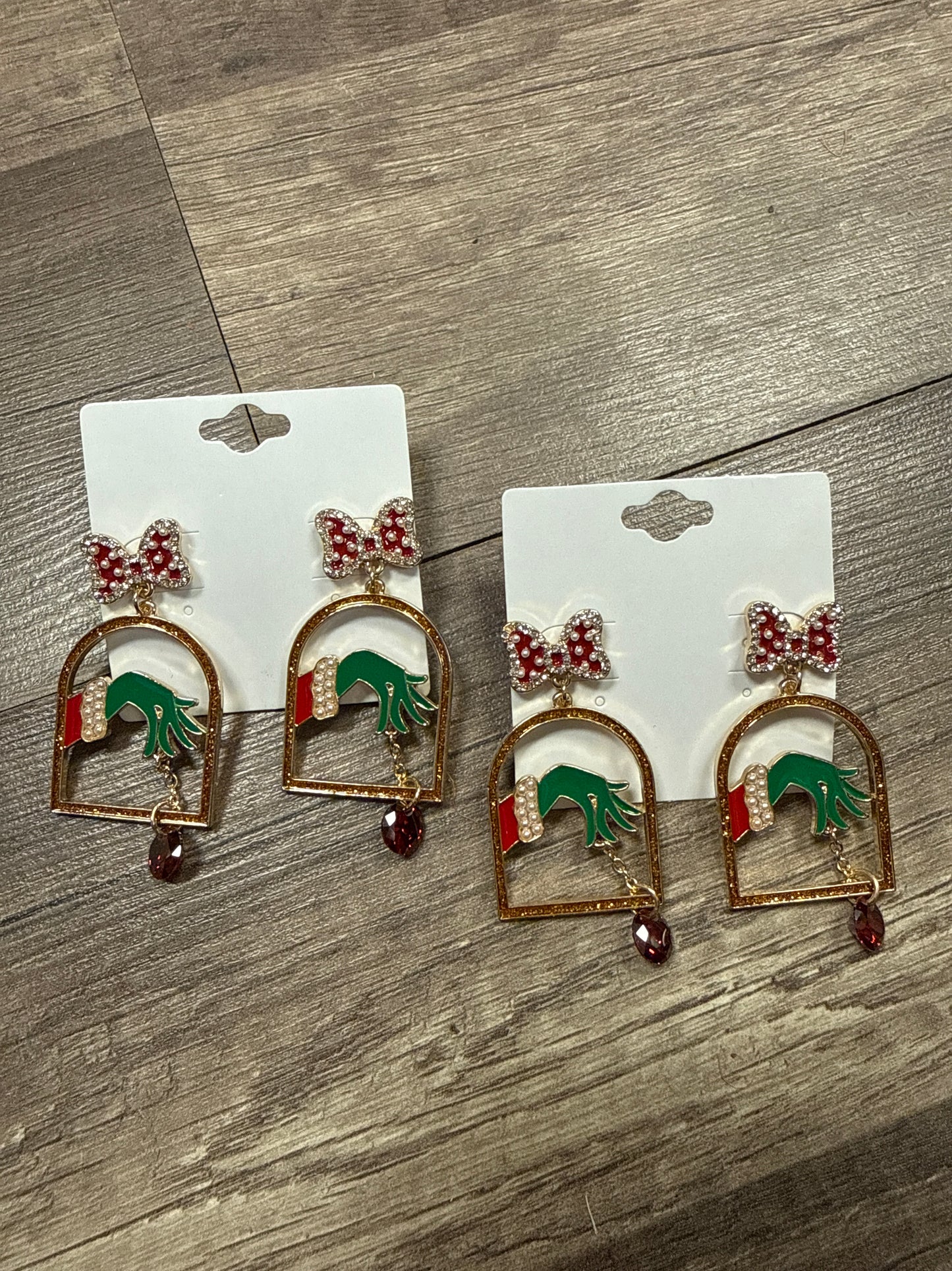 Pearl and Diamond Bow With grinch Hand Dangle Earrings- Gold