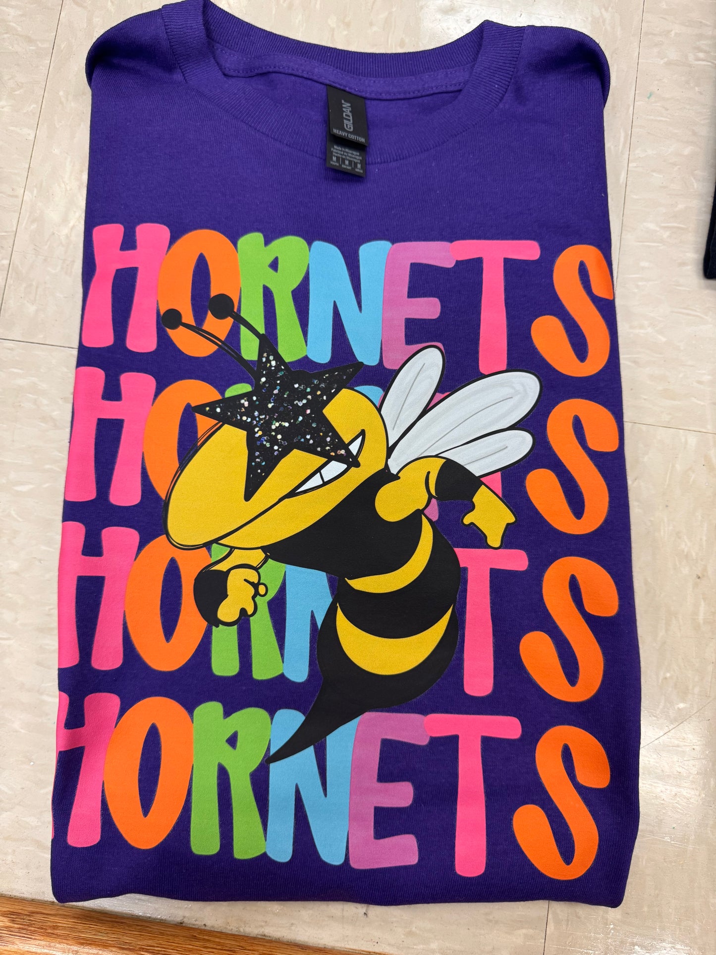 Hornets Multi Color Neon Stacked Violet Purple Tee