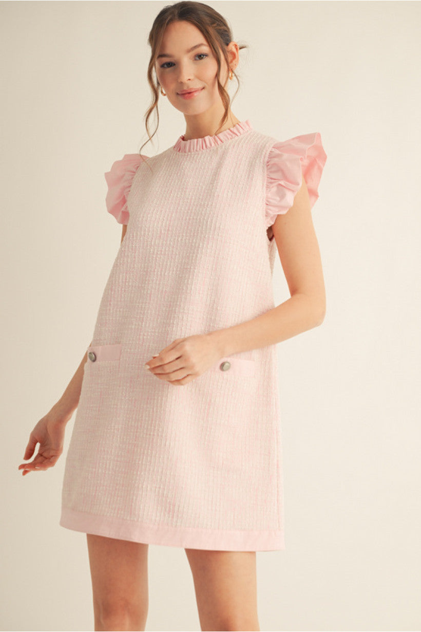 Pink Tweed shift dress with frilled neck