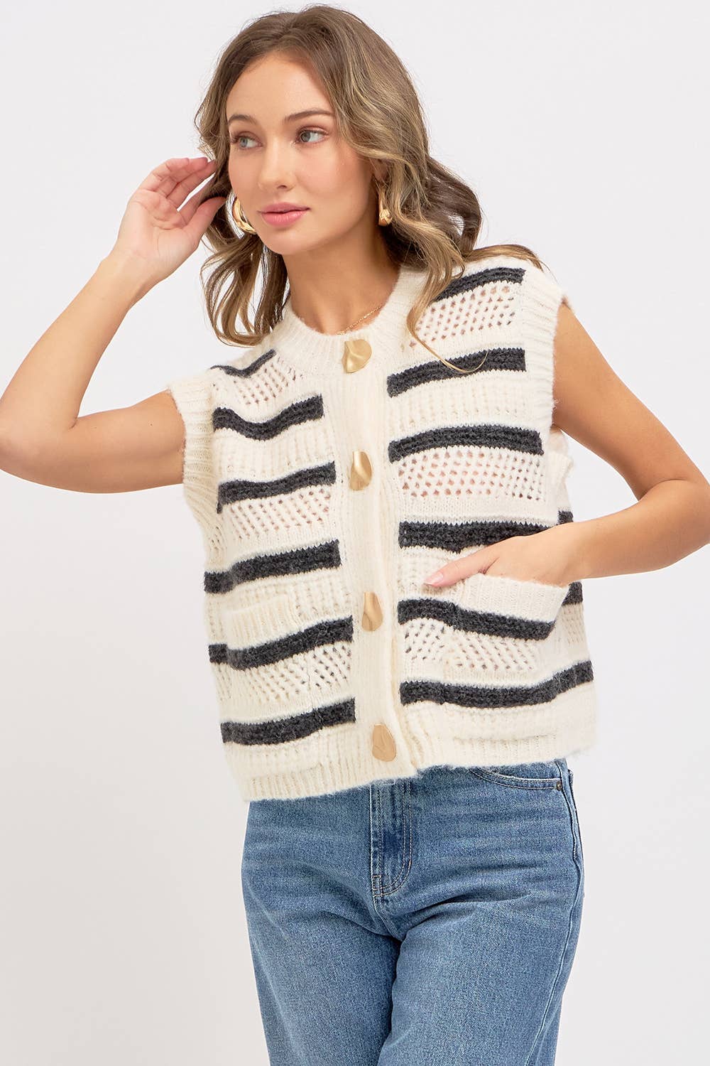STRIPE SWEATER KNIT SLEEVELESS TOP