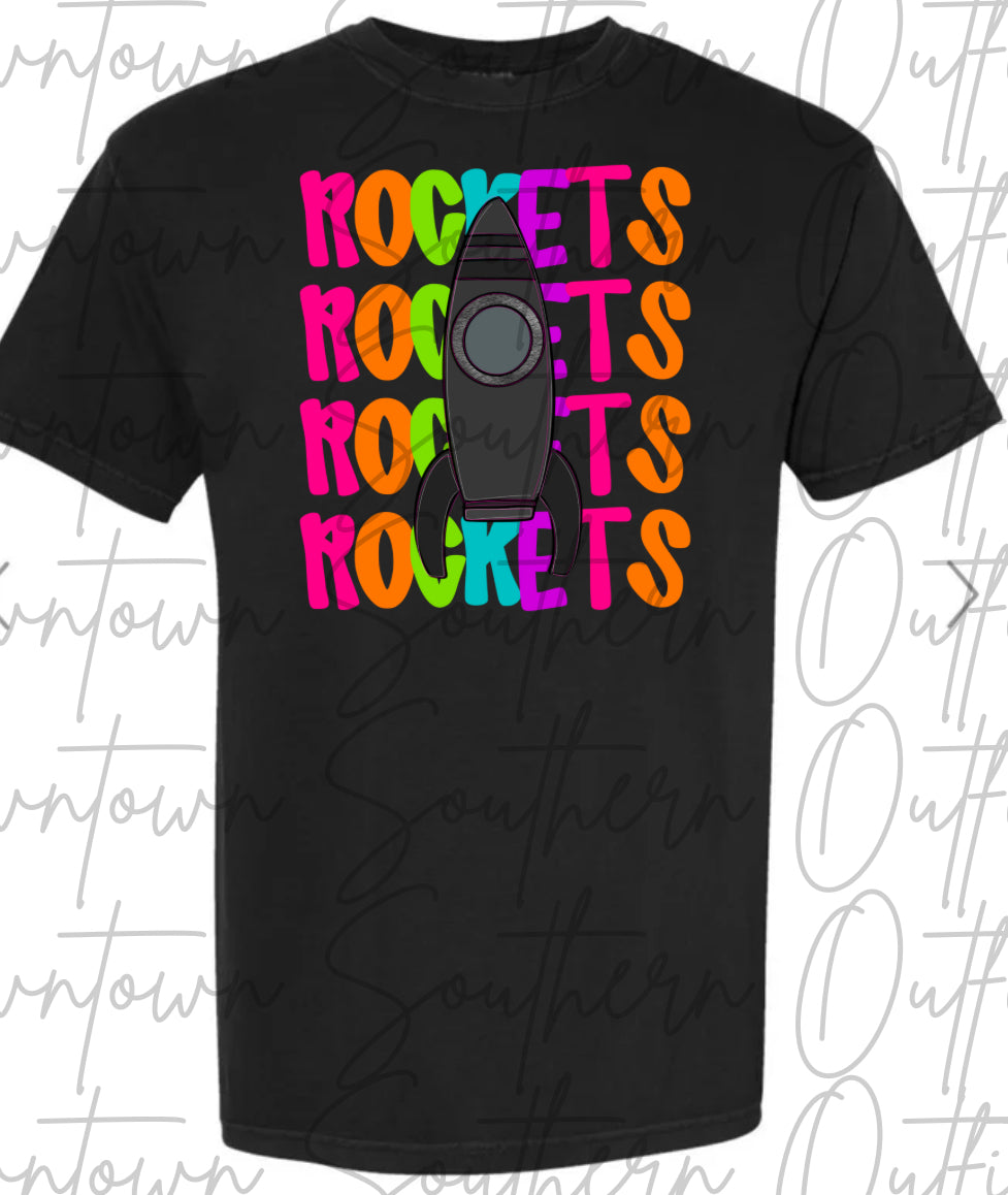 Rockets Multi Color Neon Stacked Black Tee