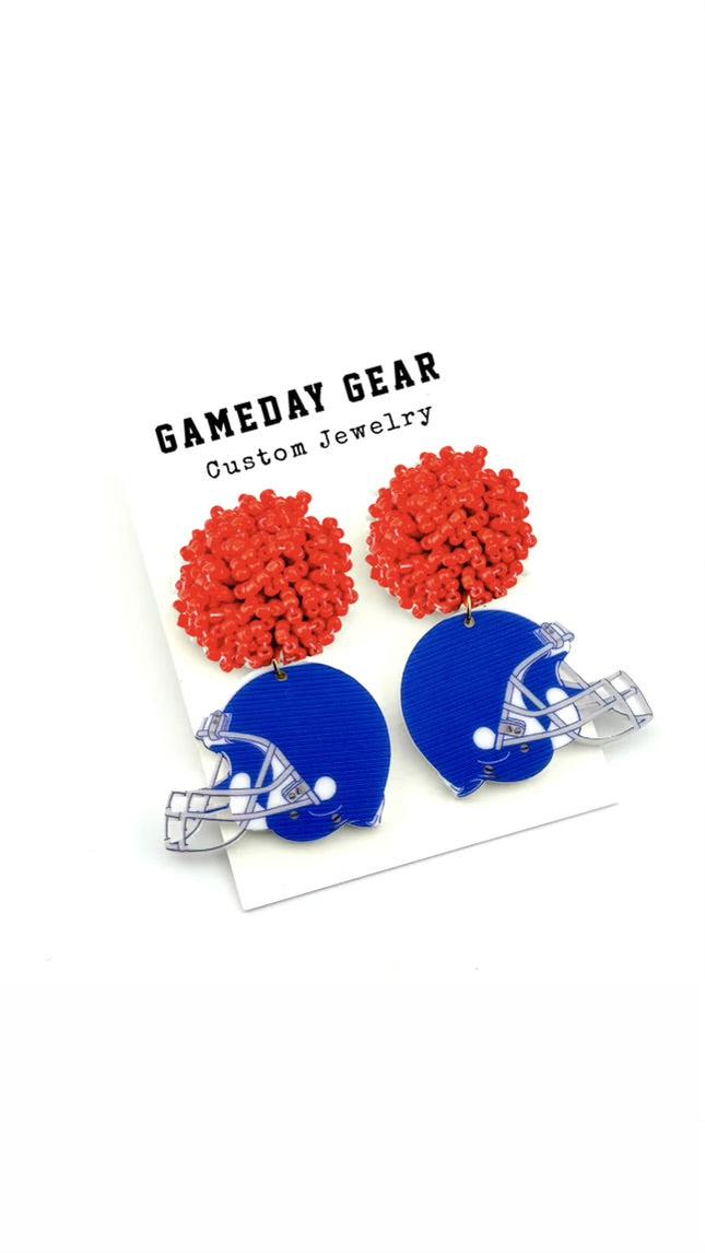 Blue Helmet Red Beaded Earrings