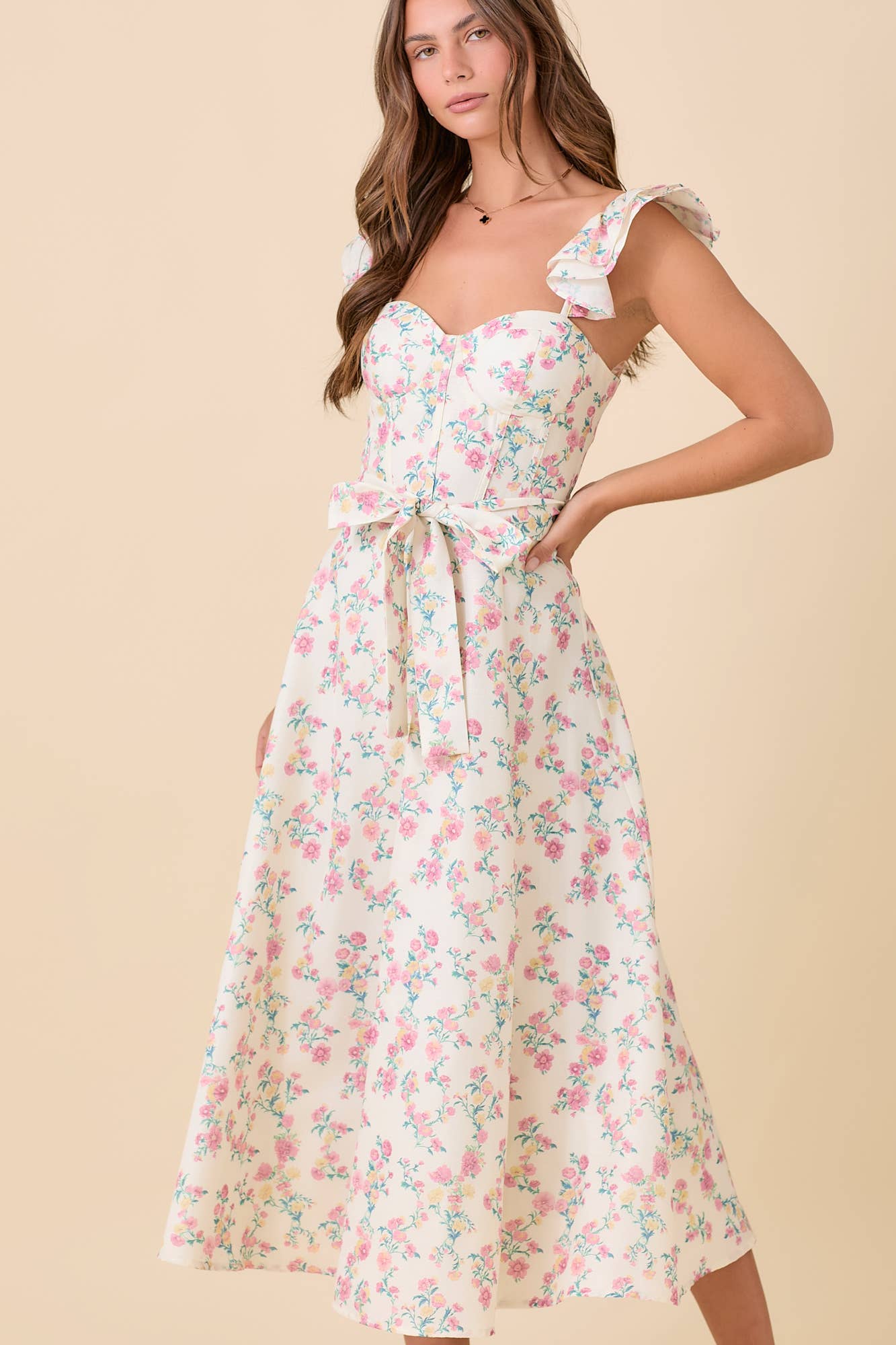 Floral Printed Ruffle Sleeve Midi Dress: IVORY MULTI