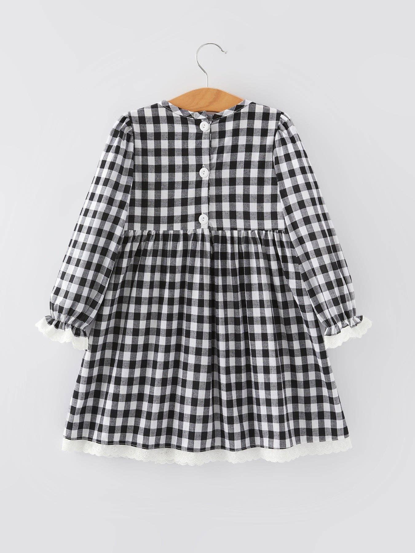 Black and white Plaid heart and bows Smocking Embroidery Long Sleeve Girls Dress