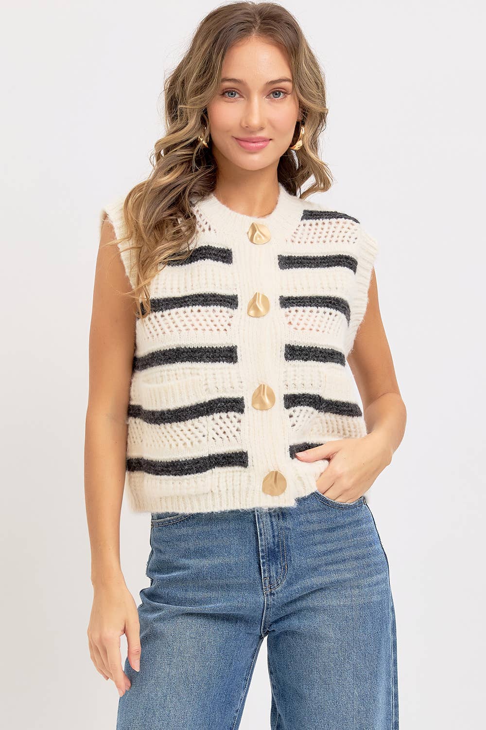 STRIPE SWEATER KNIT SLEEVELESS TOP