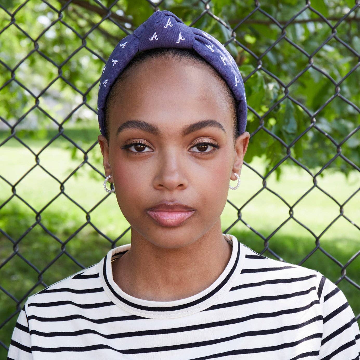 Navy Atlanta Braves Embroidered Knotted Headband- Lele Sadoughi