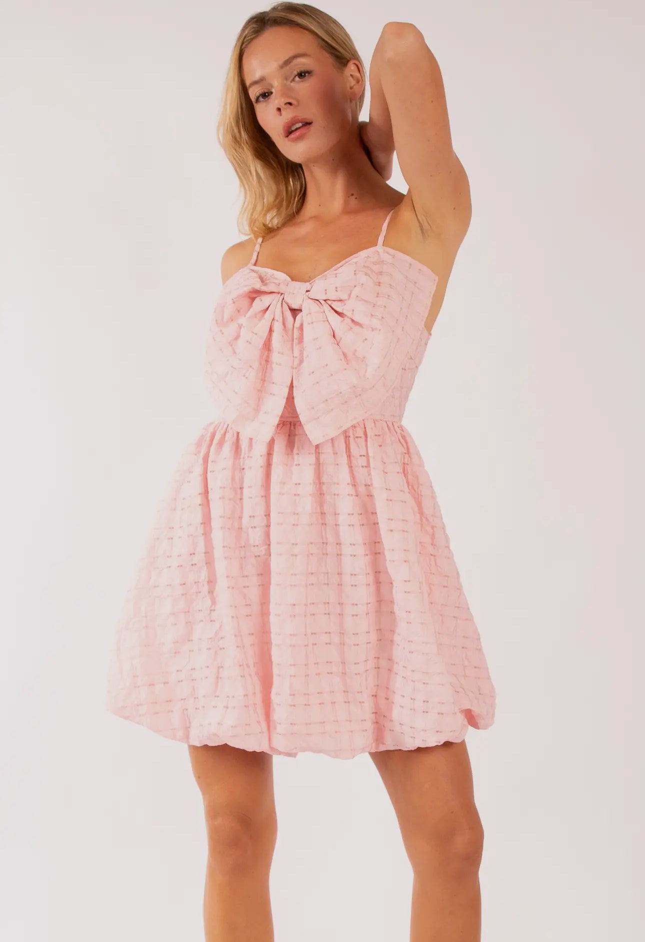 Spaghetti Strap Bow Detail Mini Dress- Pink