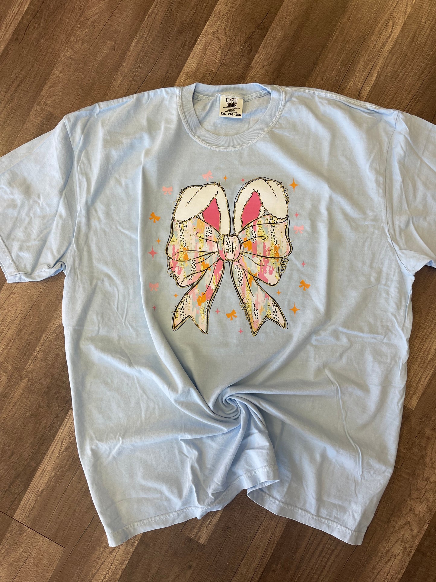 Easter Bow Colorful with Bunny Ears Blue Tee