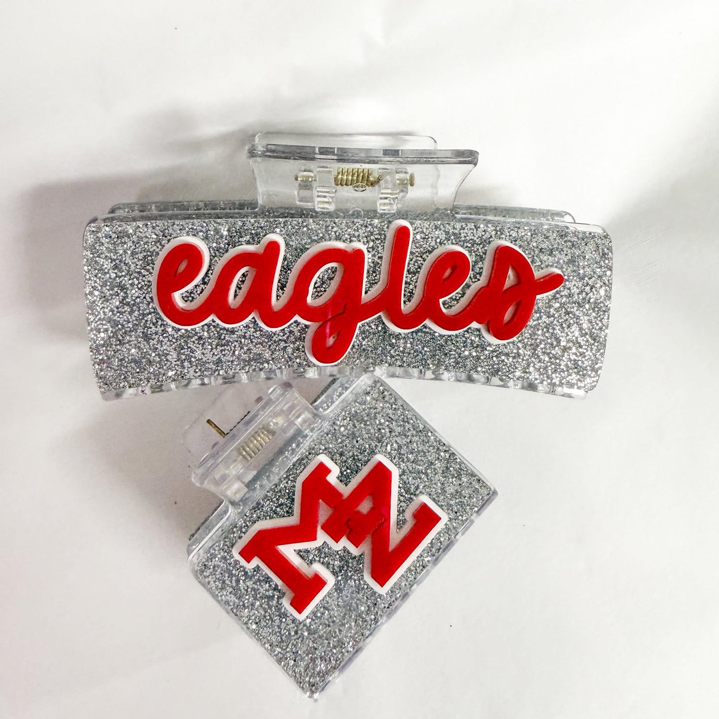 Mount Zion Large Hair Clip - (silver glitter base, with red eagles in cursive across)