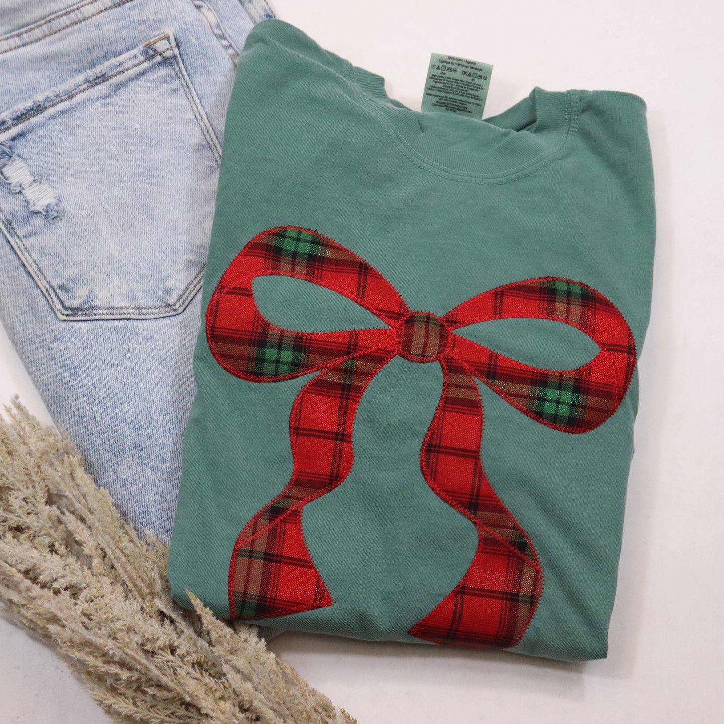 Green Christmas Plaid Bow Coquette Short Sleeve