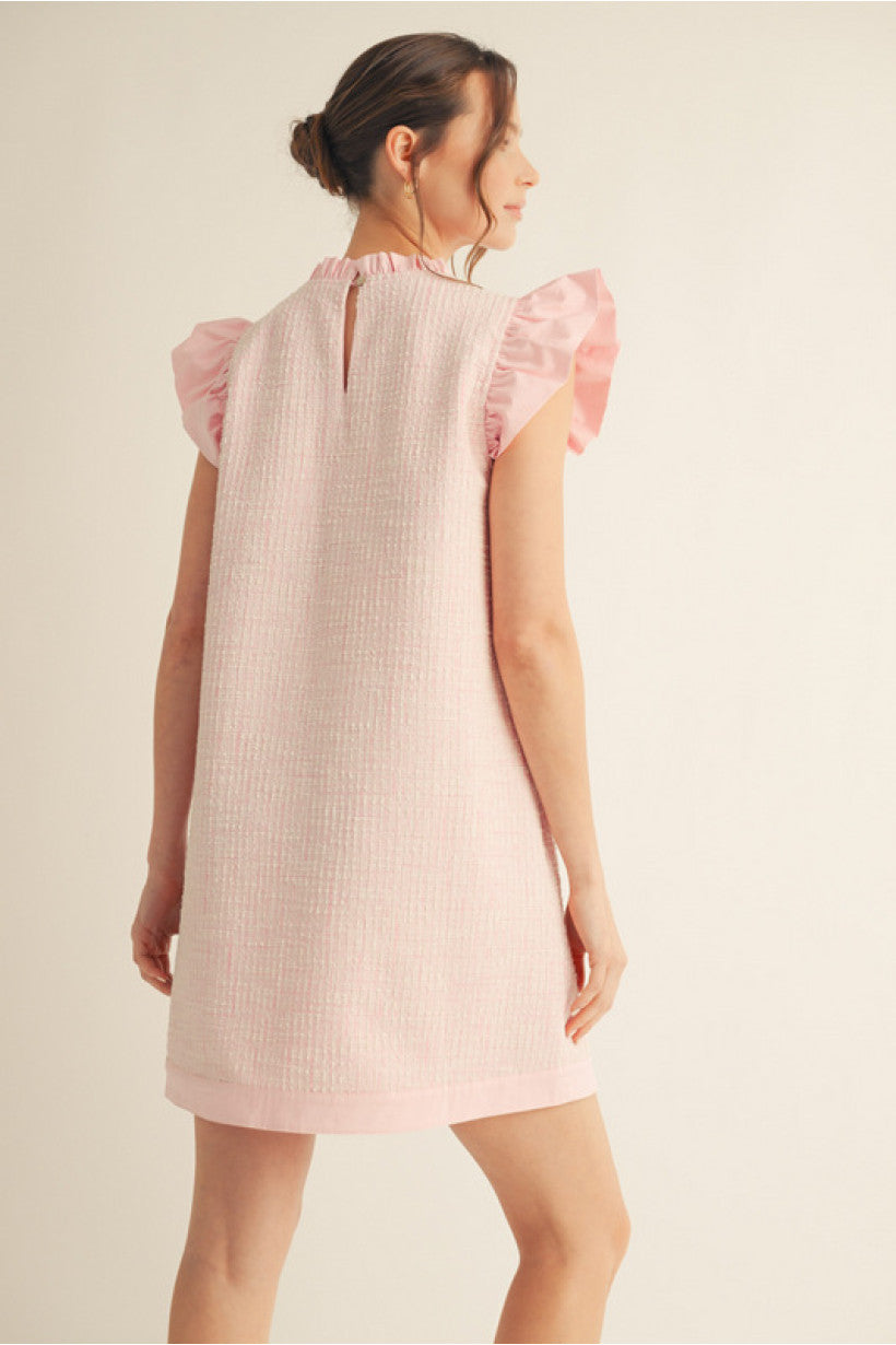 Pink Tweed shift dress with frilled neck