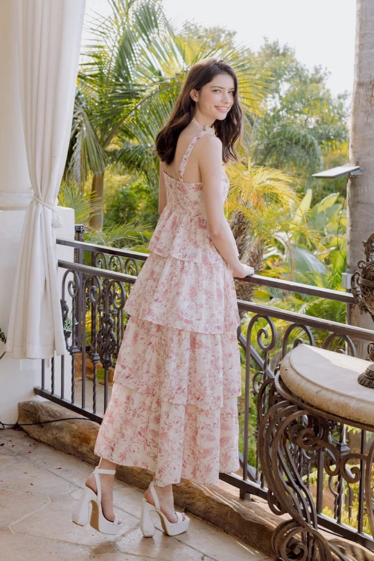 Dreamy Tiered Floral Maxi Dress with Ruffles and a Smocked Back- Natural/Mauve