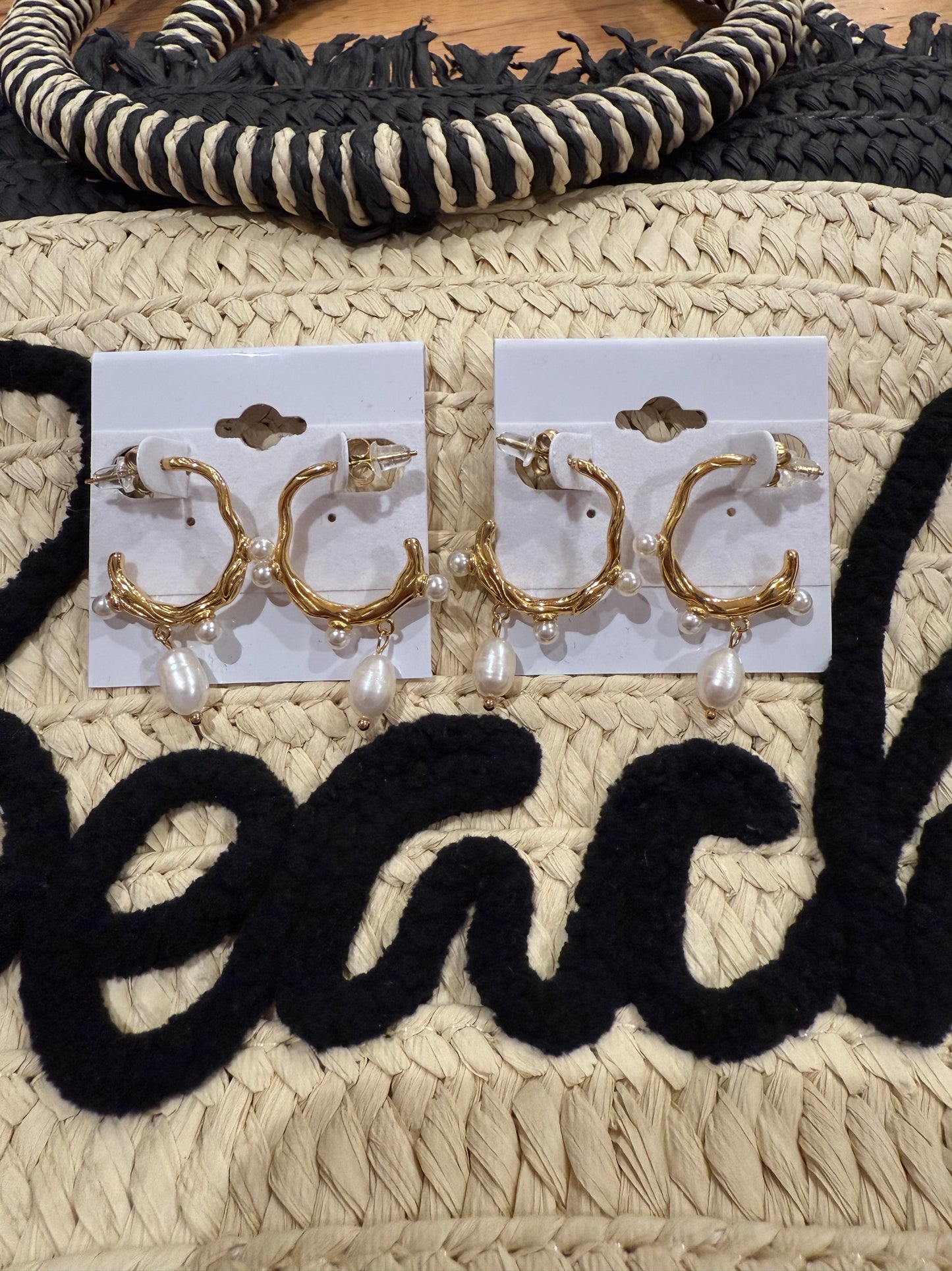 Waterproof Non Tarnish Pearl Dangle Hoops