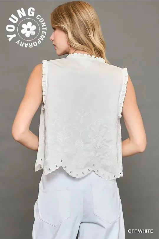White Sleeveless Embroidered Top with Ruffled Edges