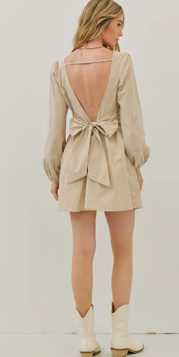 Stripe Mini Balloon-Sleeved Dress with Open Back-Bow