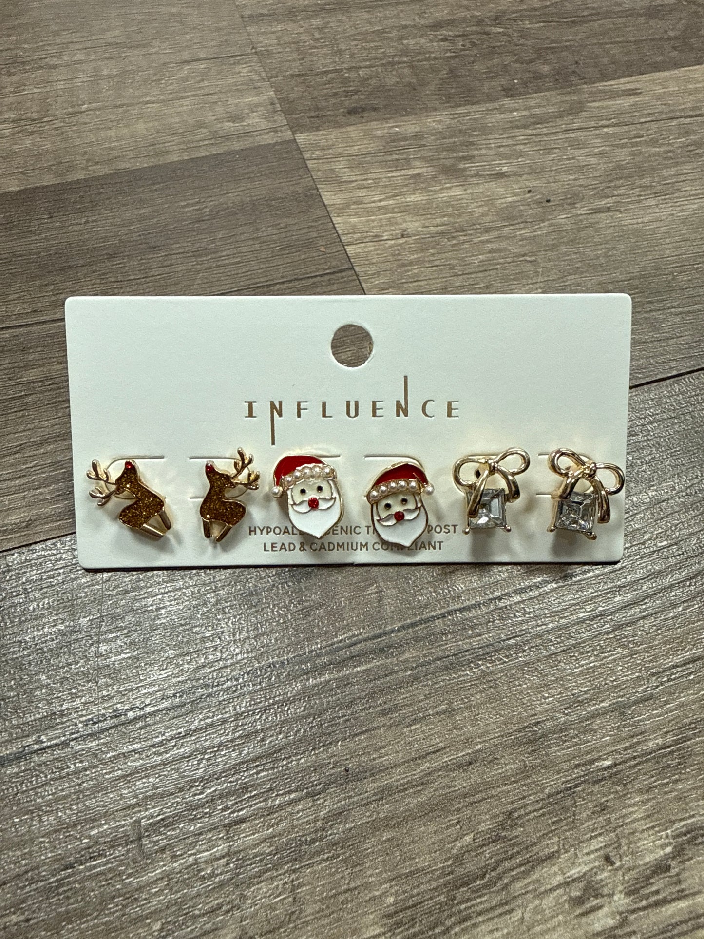 Christmas Trio Studs( Reindeer, Santa, present bow)