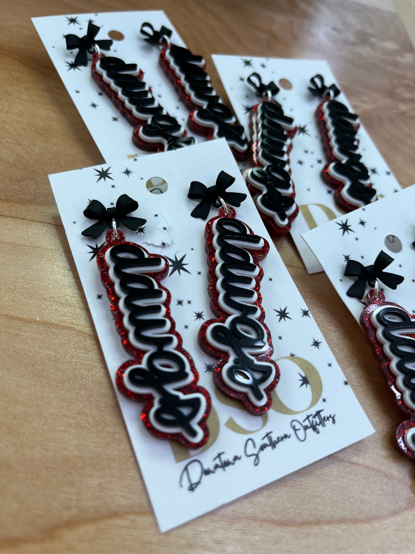 Dawgs Bow Black on Red Glitter Dangles