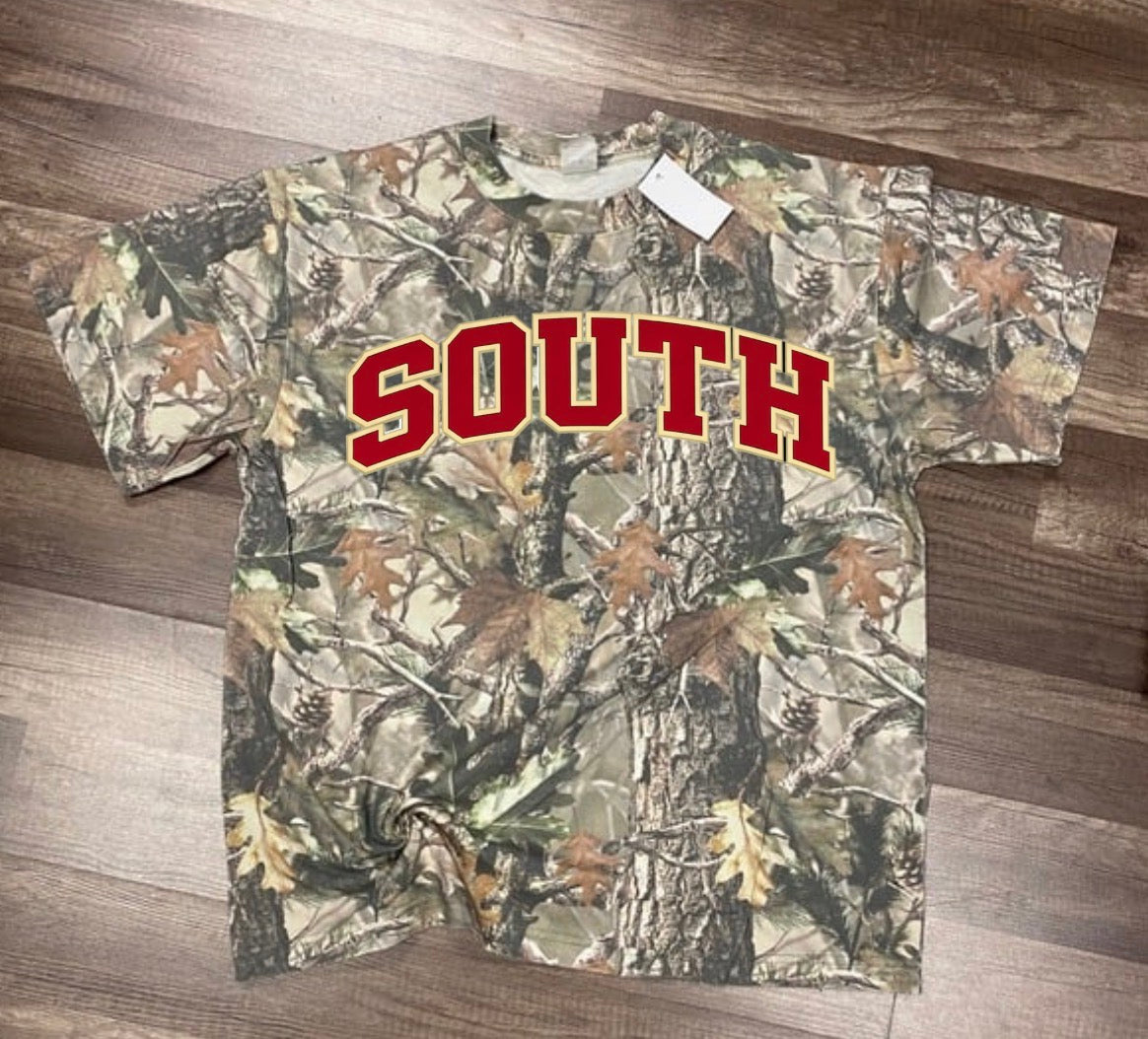 SOUTH varsity arch on camo tee