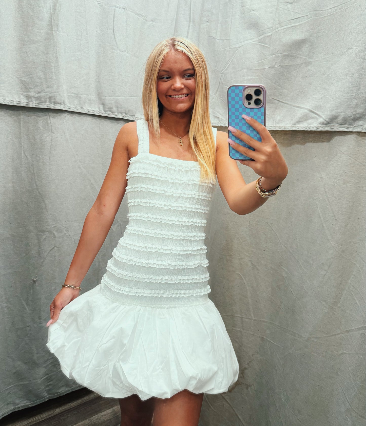 Tiered Lace Bodice Bubble Hem Dress- White