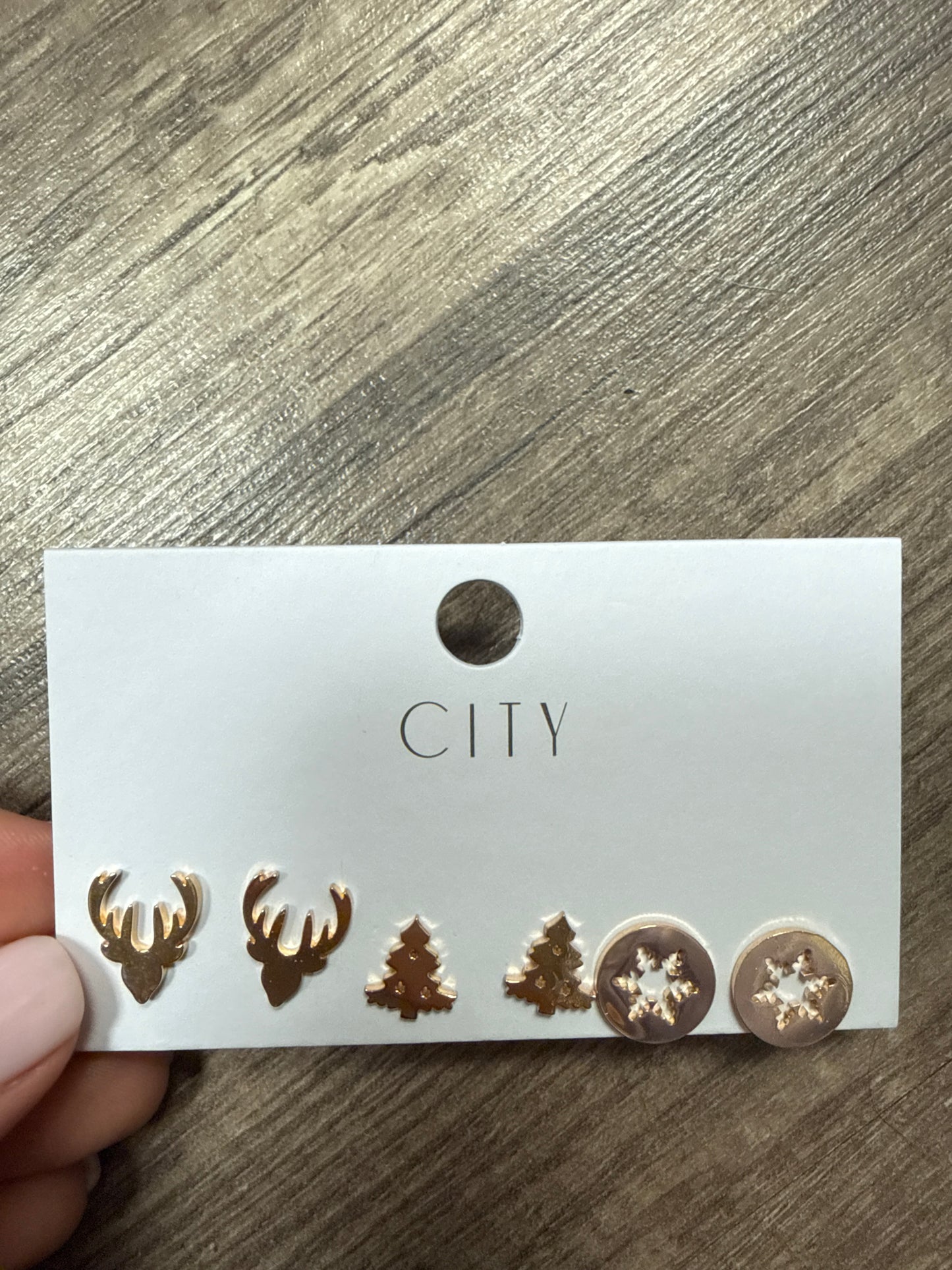 Gold Christmas Trio Studs (antlers, trees, and snowflakes)