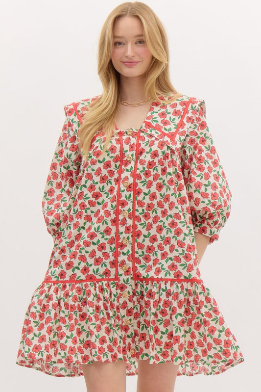 Floral print band cuff ¾ sleeve pullover mini dress featuring oversized collar with contrast trim-red
