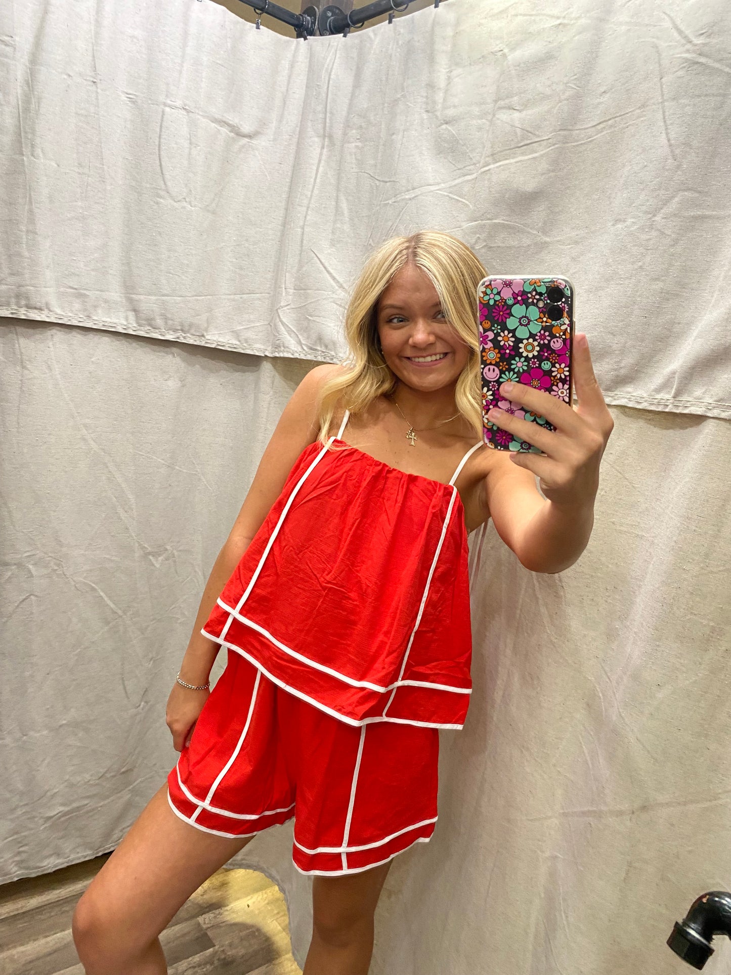Red Solid shoulder tie pull-on romper featuring contrasting accented trim inset.