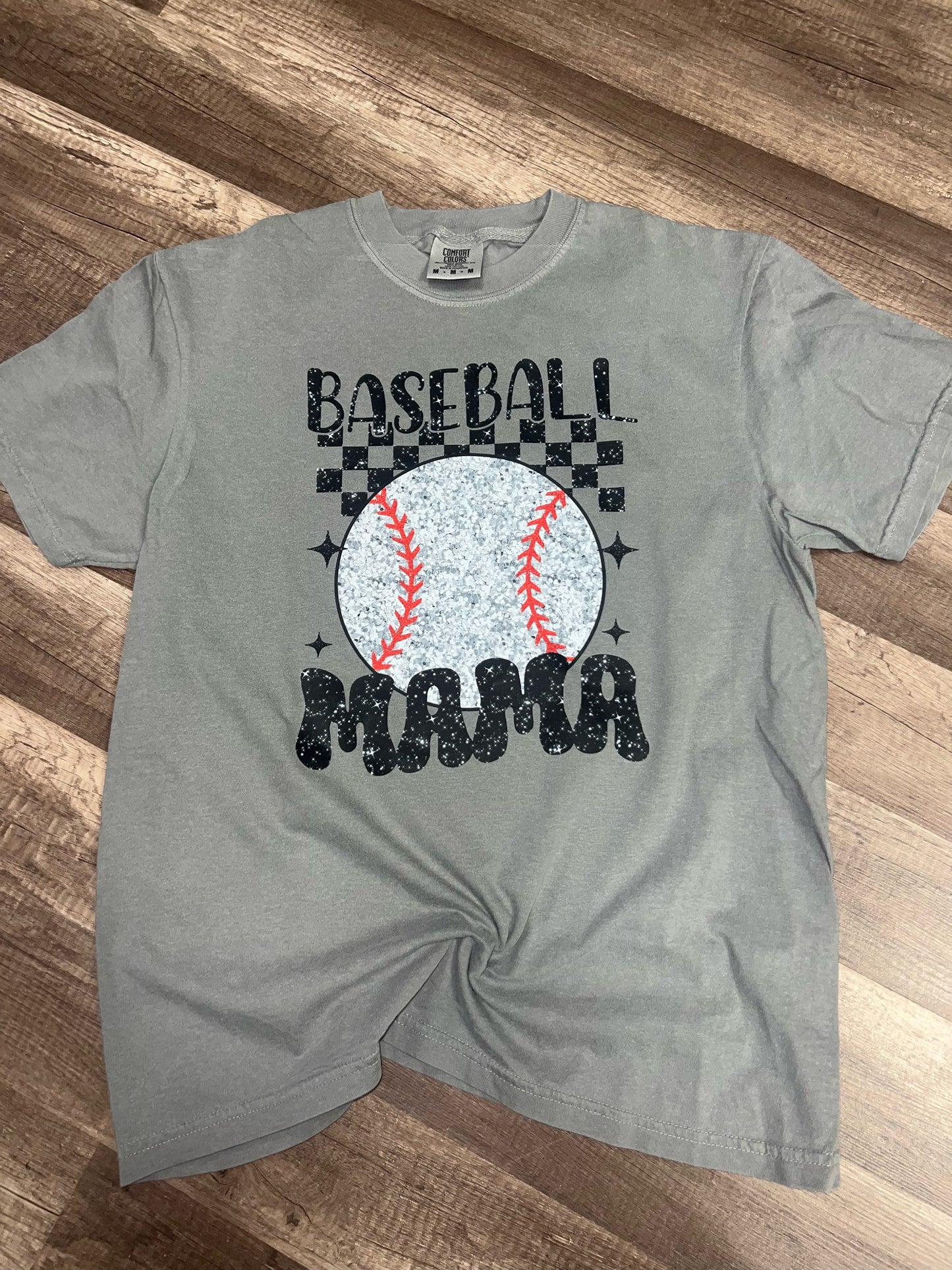 Baseball Mama Faux Glitter Grey Tee