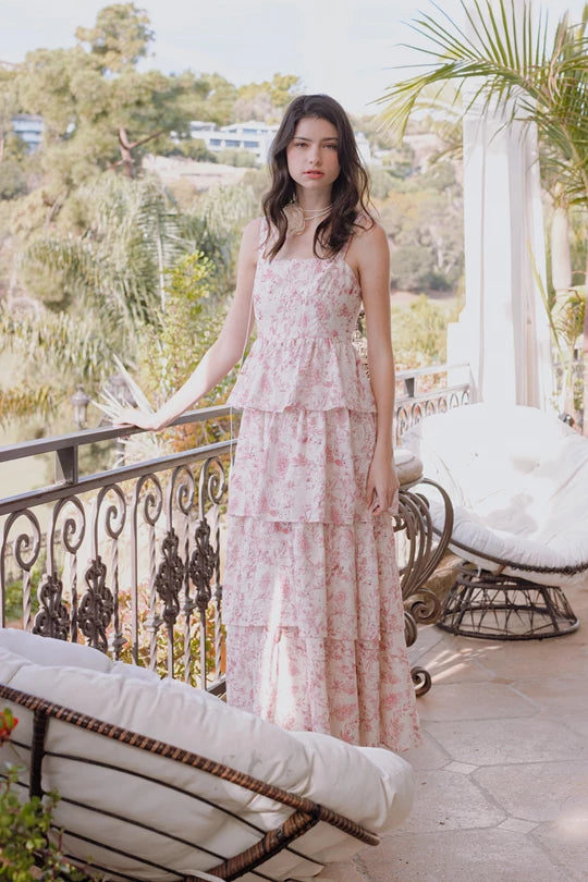 Dreamy Tiered Floral Maxi Dress with Ruffles and a Smocked Back- Natural/Mauve